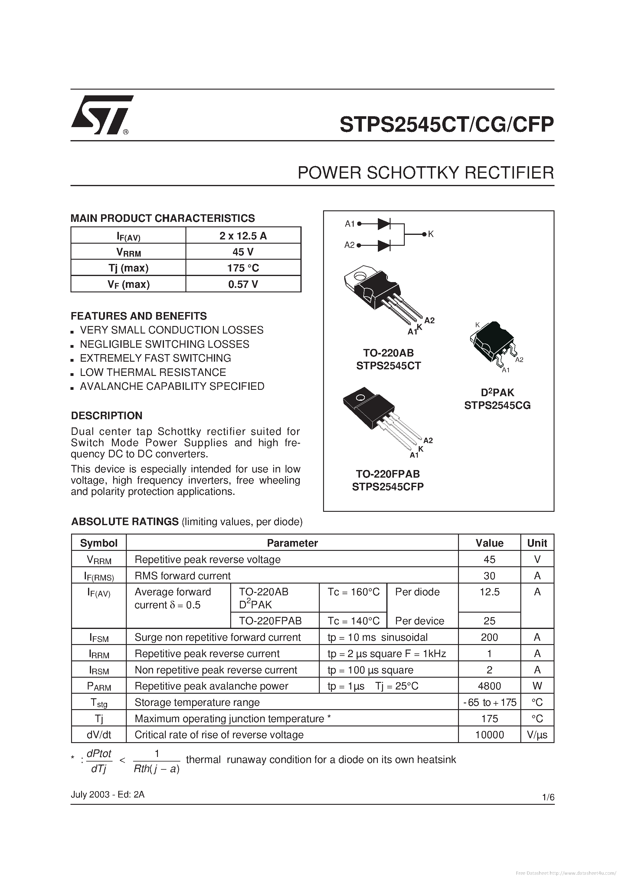Datasheet STPS2545CFP - page 1