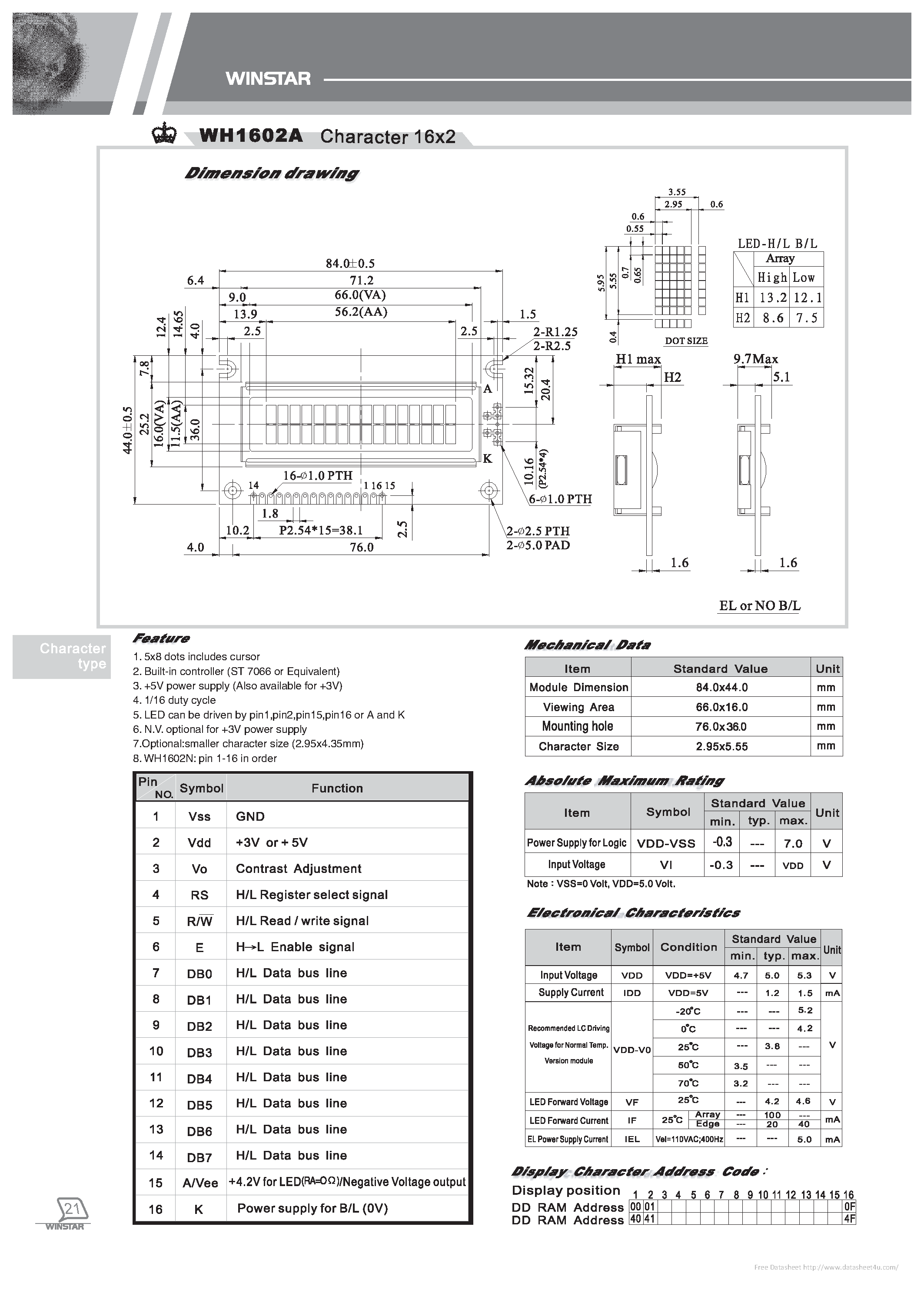 Даташит WH1602A - страница 1