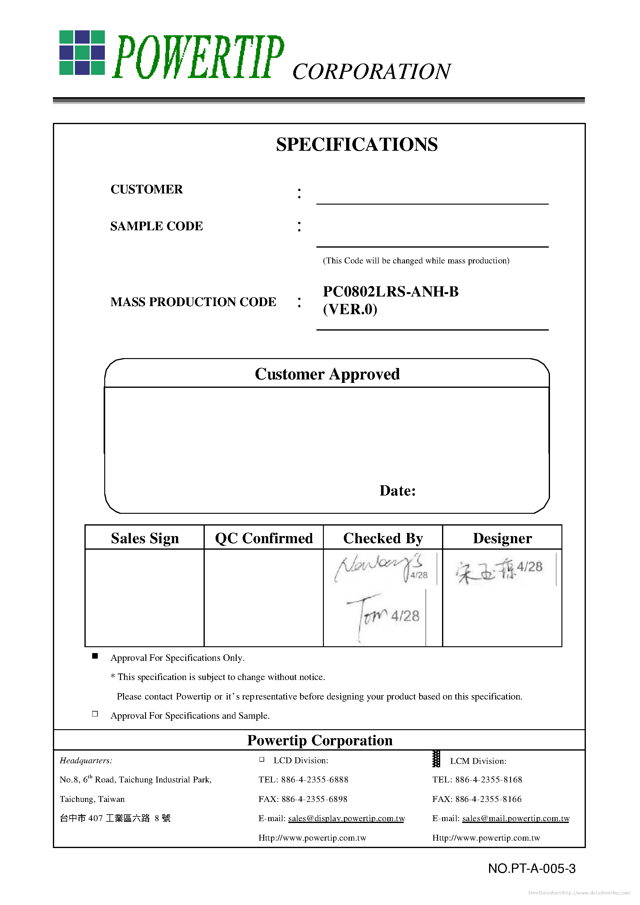 Datasheet PC0802LRS-ANH-B page 1 Datasheet PC0802LRS-ANH-B - page 1