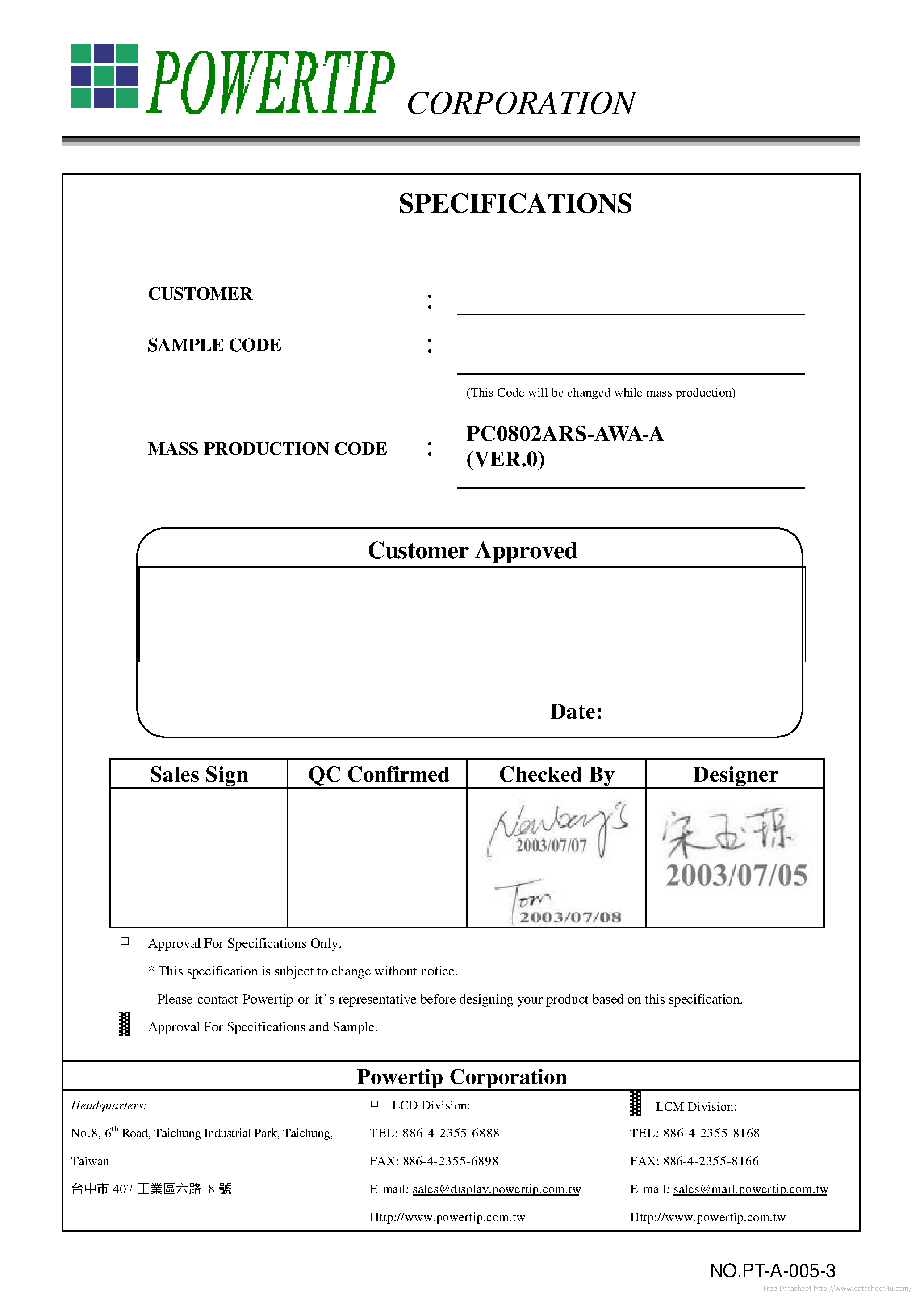 Datasheet PC0802ARS-AWA-A - page 1