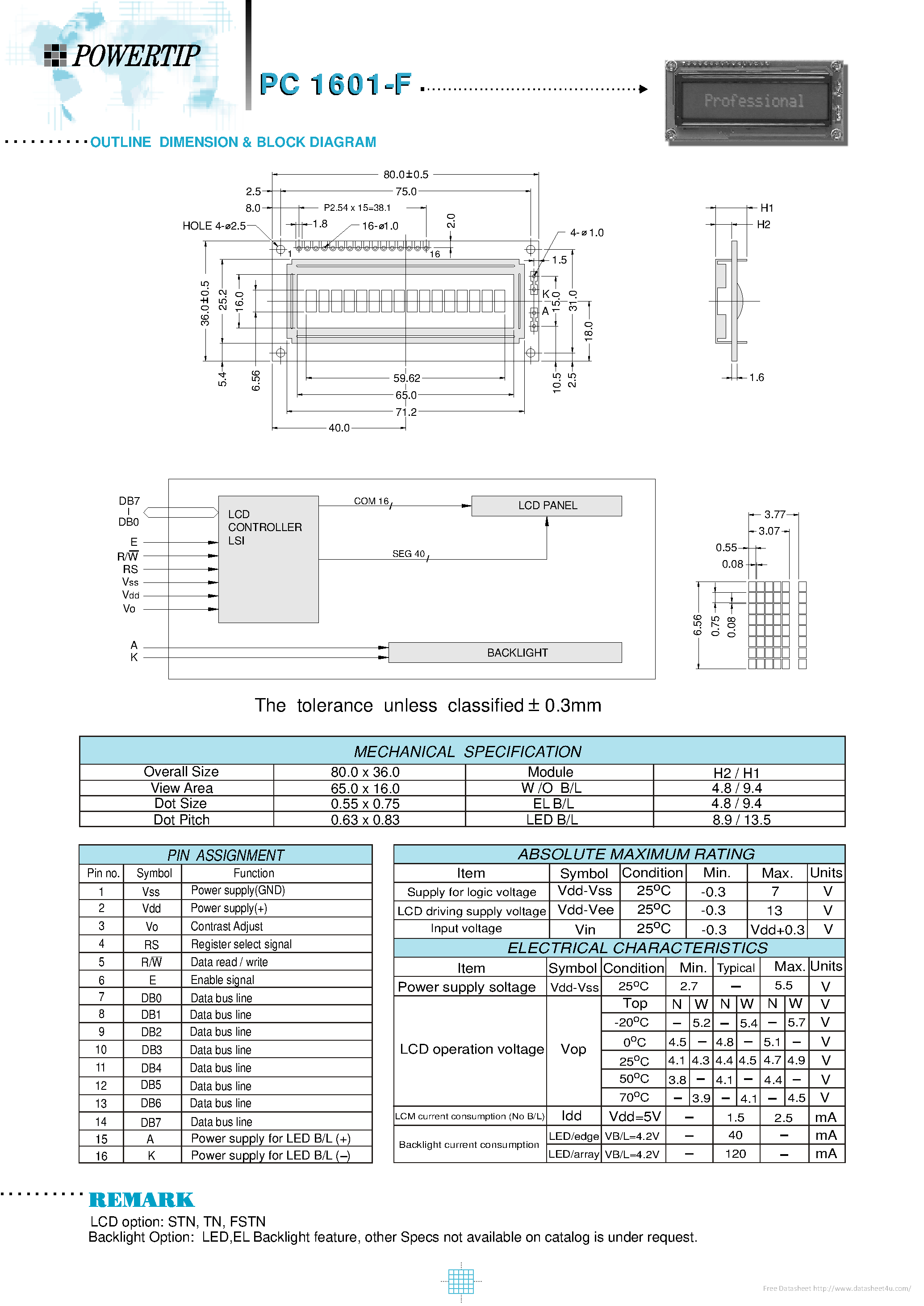 Даташит на микросхему PC1601-F страница 1 Даташит PC1601-F - страница 1
