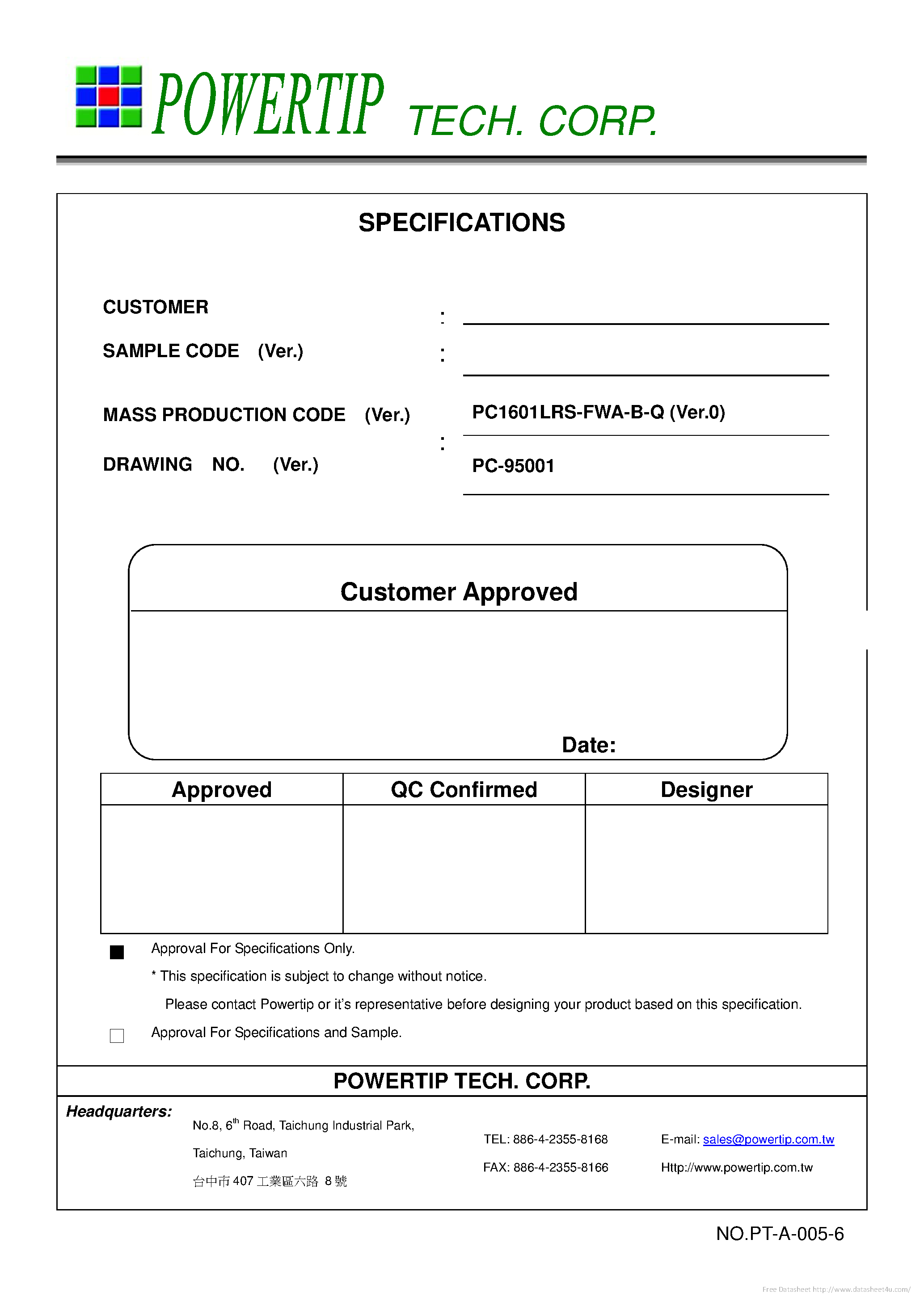 Datasheet PC1601LRS-FWA-B-Q - page 1