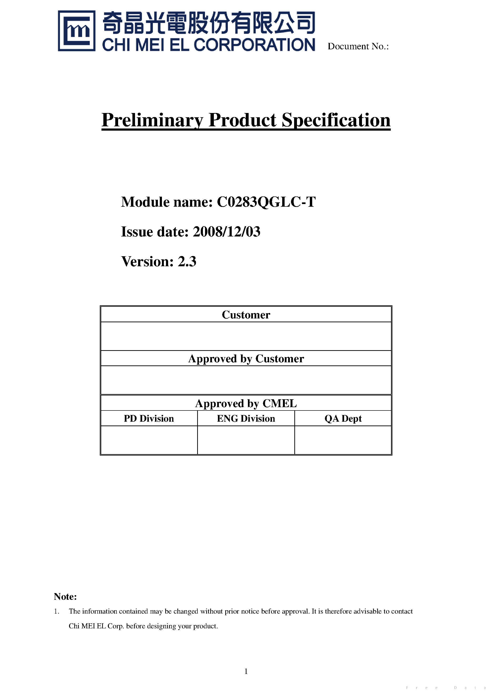 Datasheet C0283QGLC-T - page 1