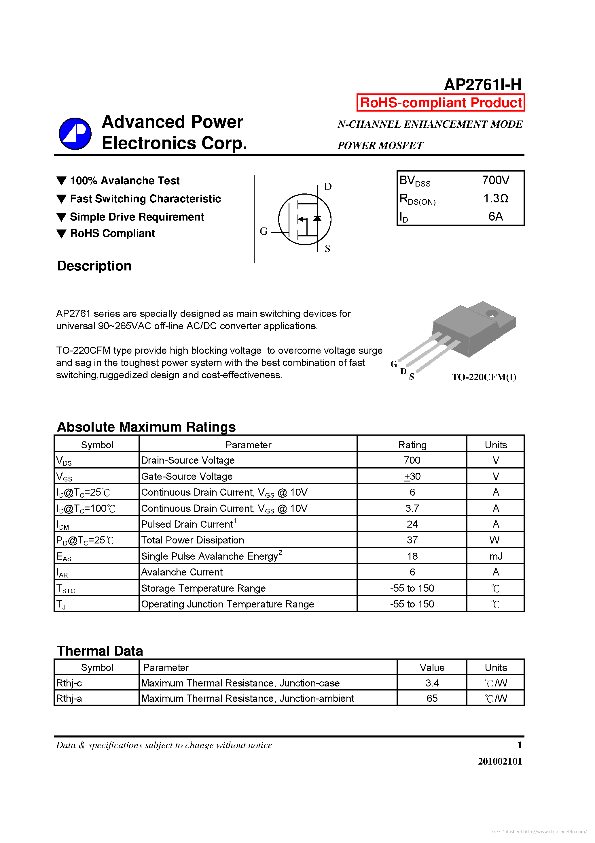 Datasheet AP2761I-H page 1 Datasheet AP2761I-H - page 1