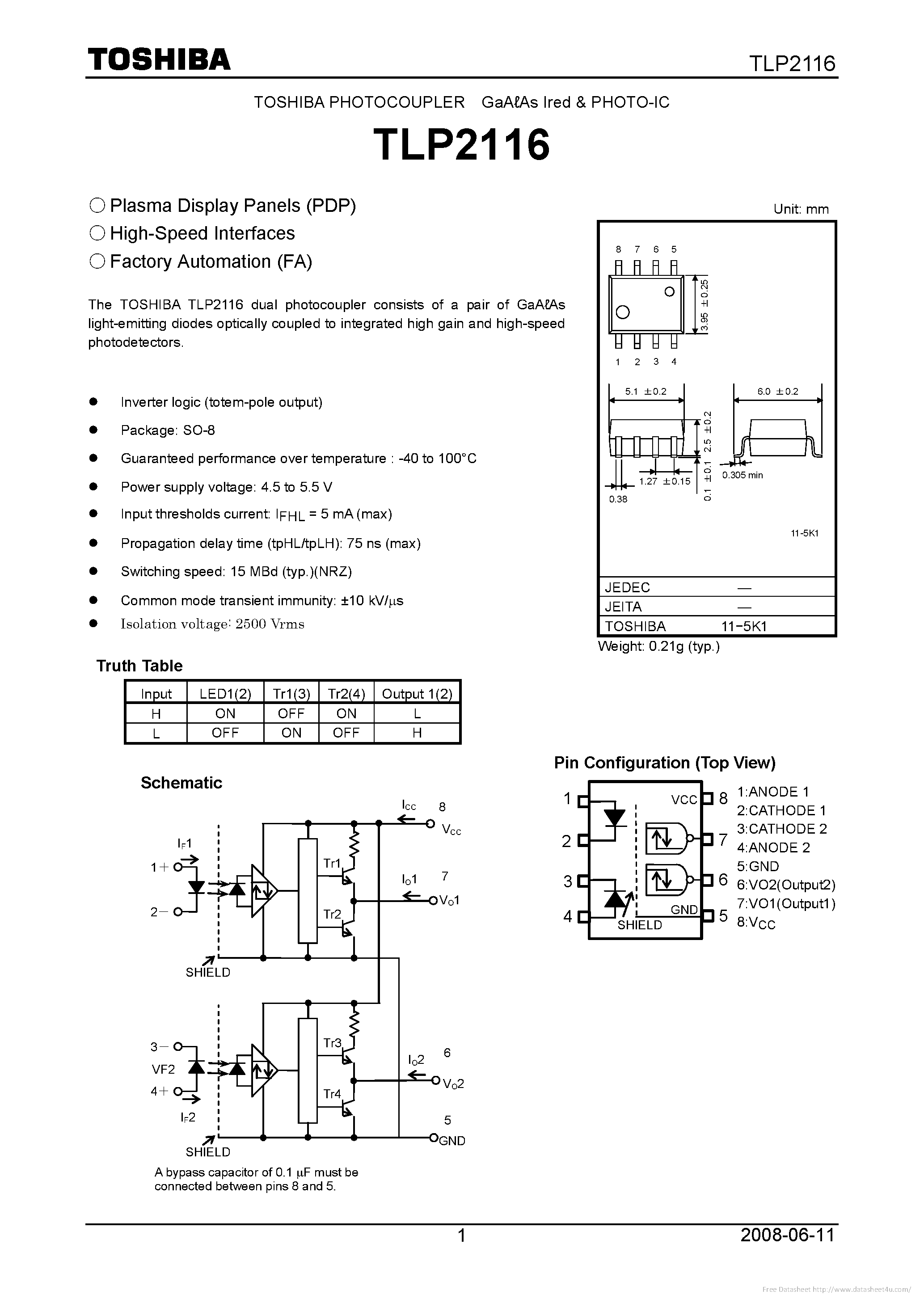 Datasheet TLP2116 page 1 Datasheet TLP2116 - page 1