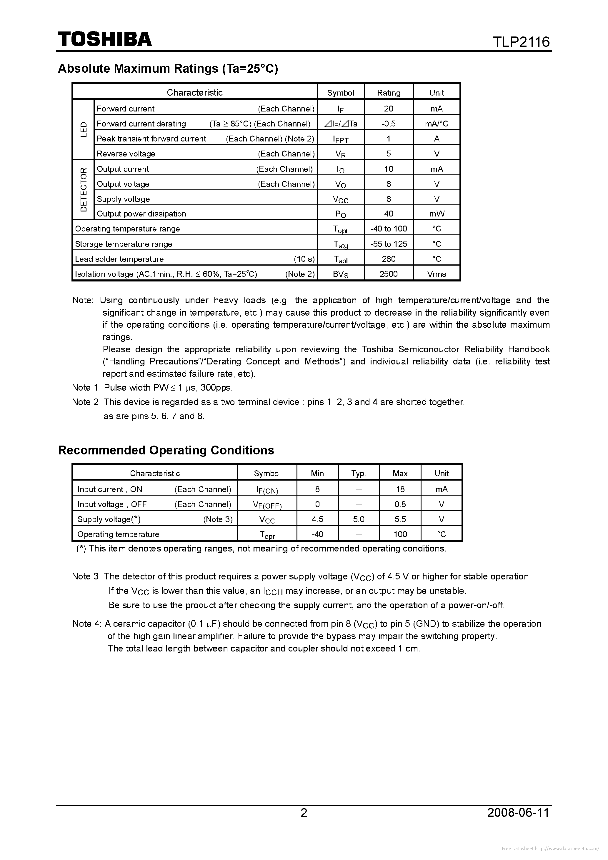 Datasheet TLP2116 page 2 Datasheet TLP2116 - page 2