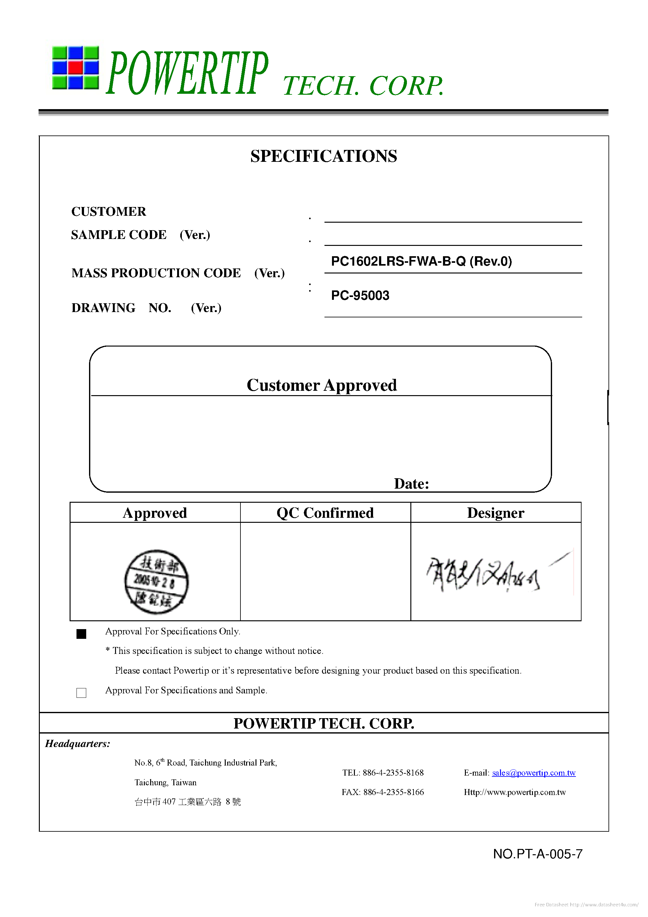 Datasheet PC1602LRS-FWA-B-Q - page 1