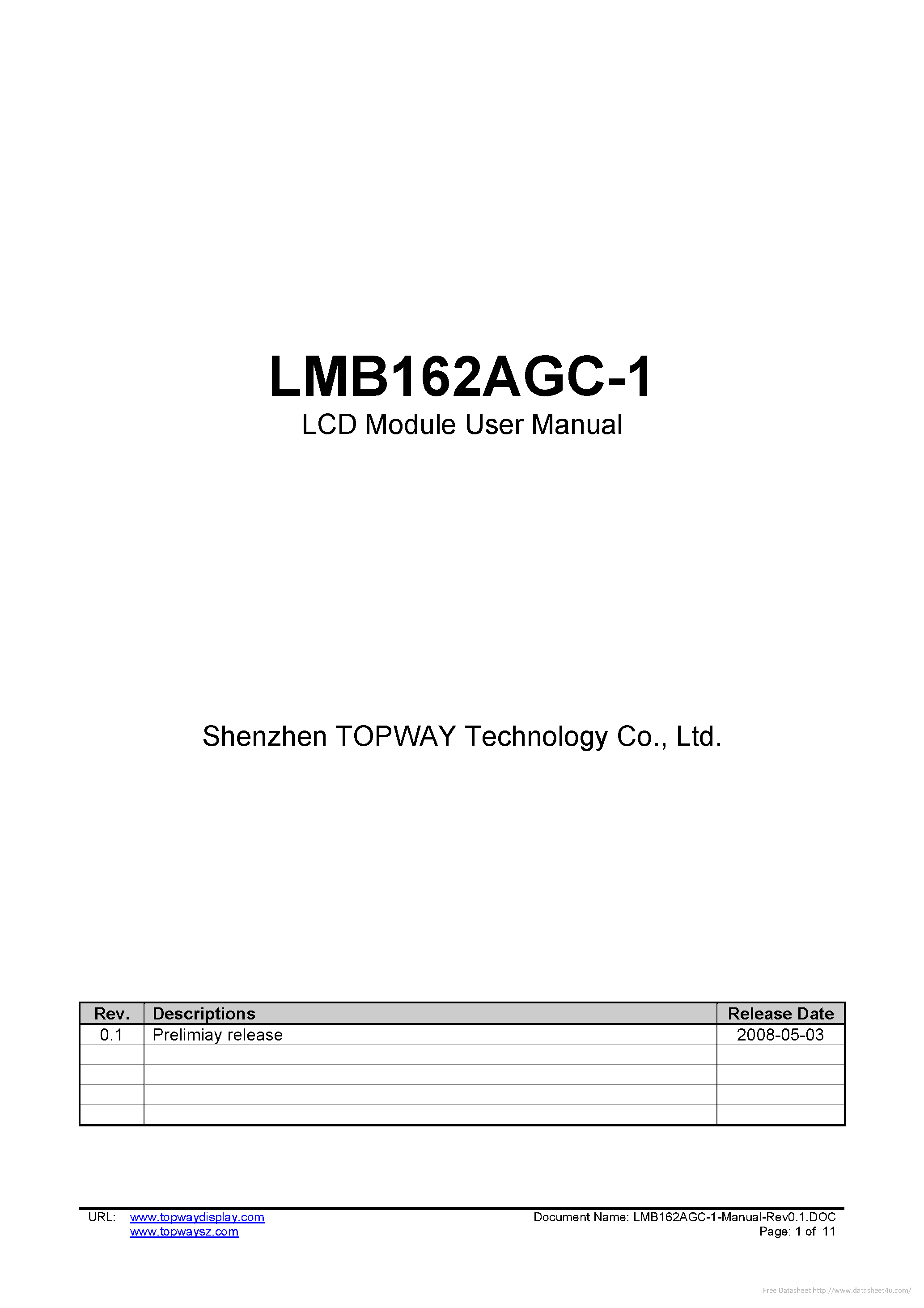 Datasheet LMB162AGC-1 page 1 Datasheet LMB162AGC-1 - page 1