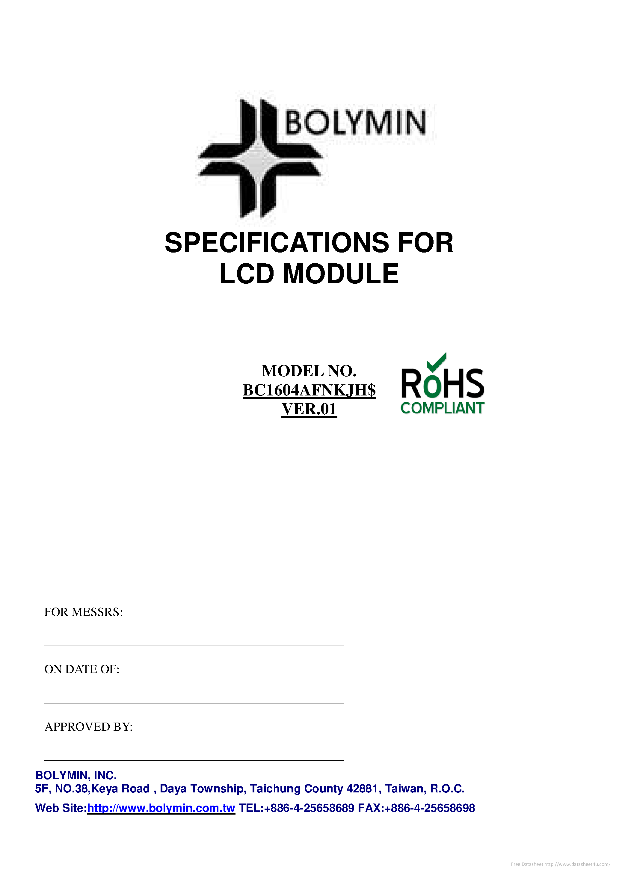 Datasheet BC1604AFNKJH page 1 Datasheet BC1604AFNKJH - page 1