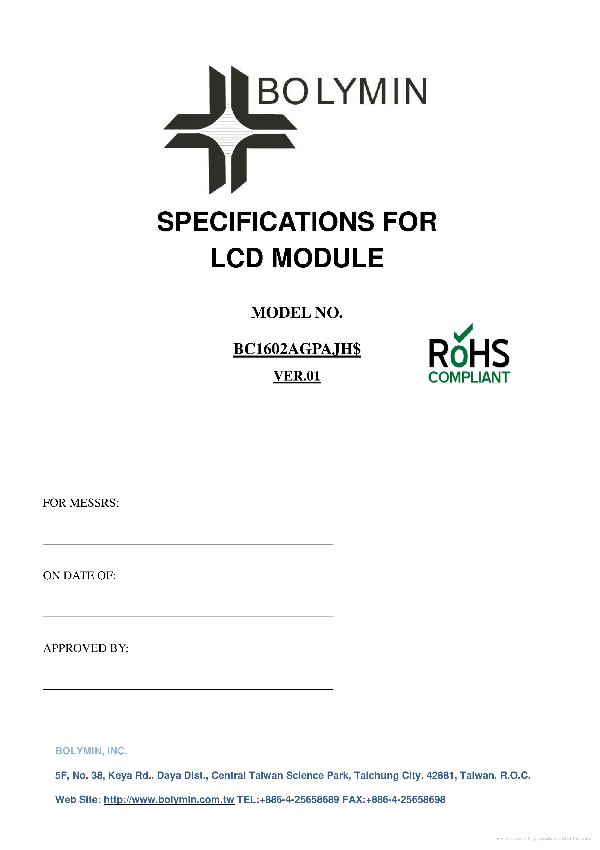 Datasheet BC1602AGPAJH page 1 Datasheet BC1602AGPAJH - page 1