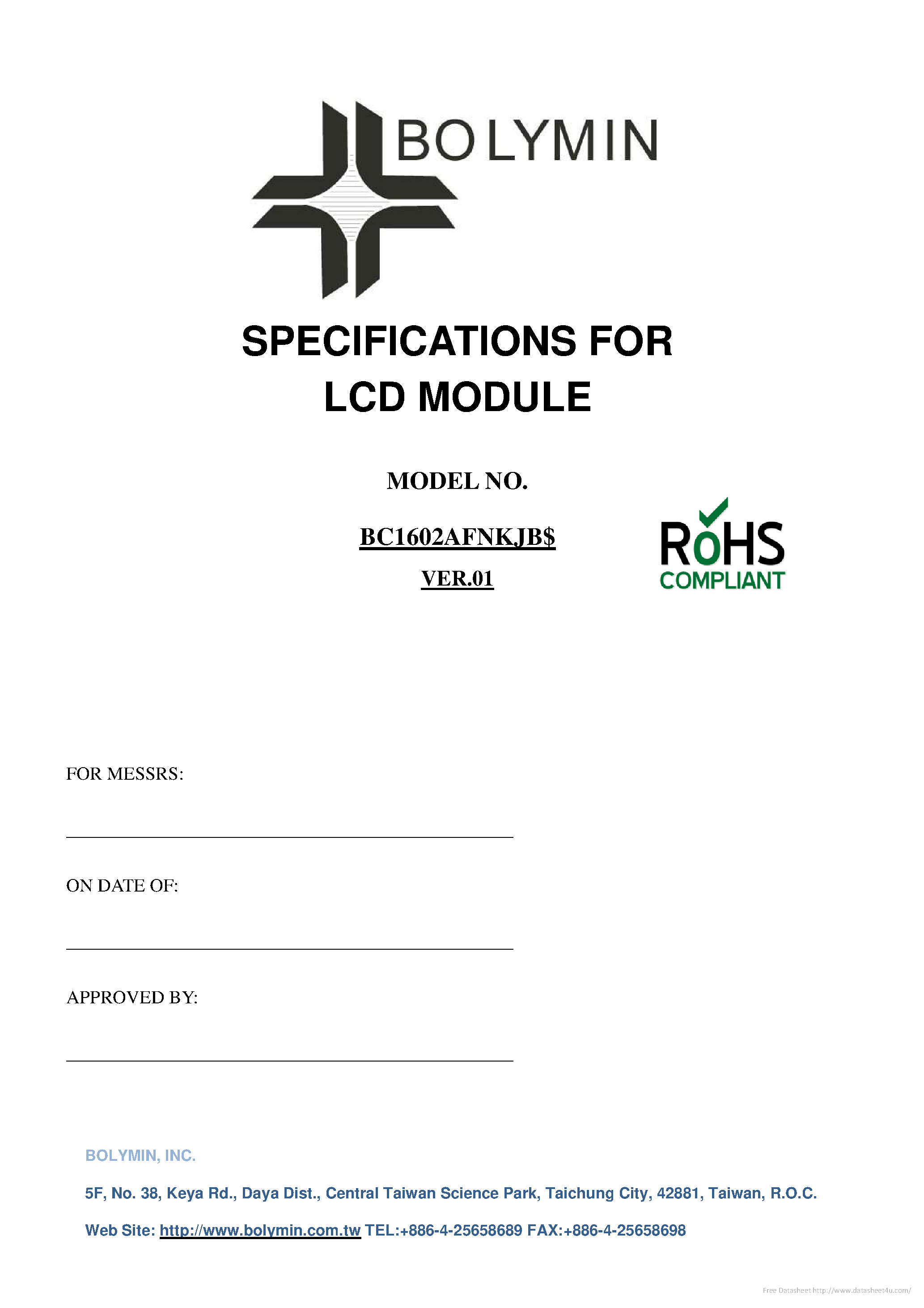 Даташит на микросхему BC1602AFNKJB страница 1 Даташит BC1602AFNKJB - страница 1