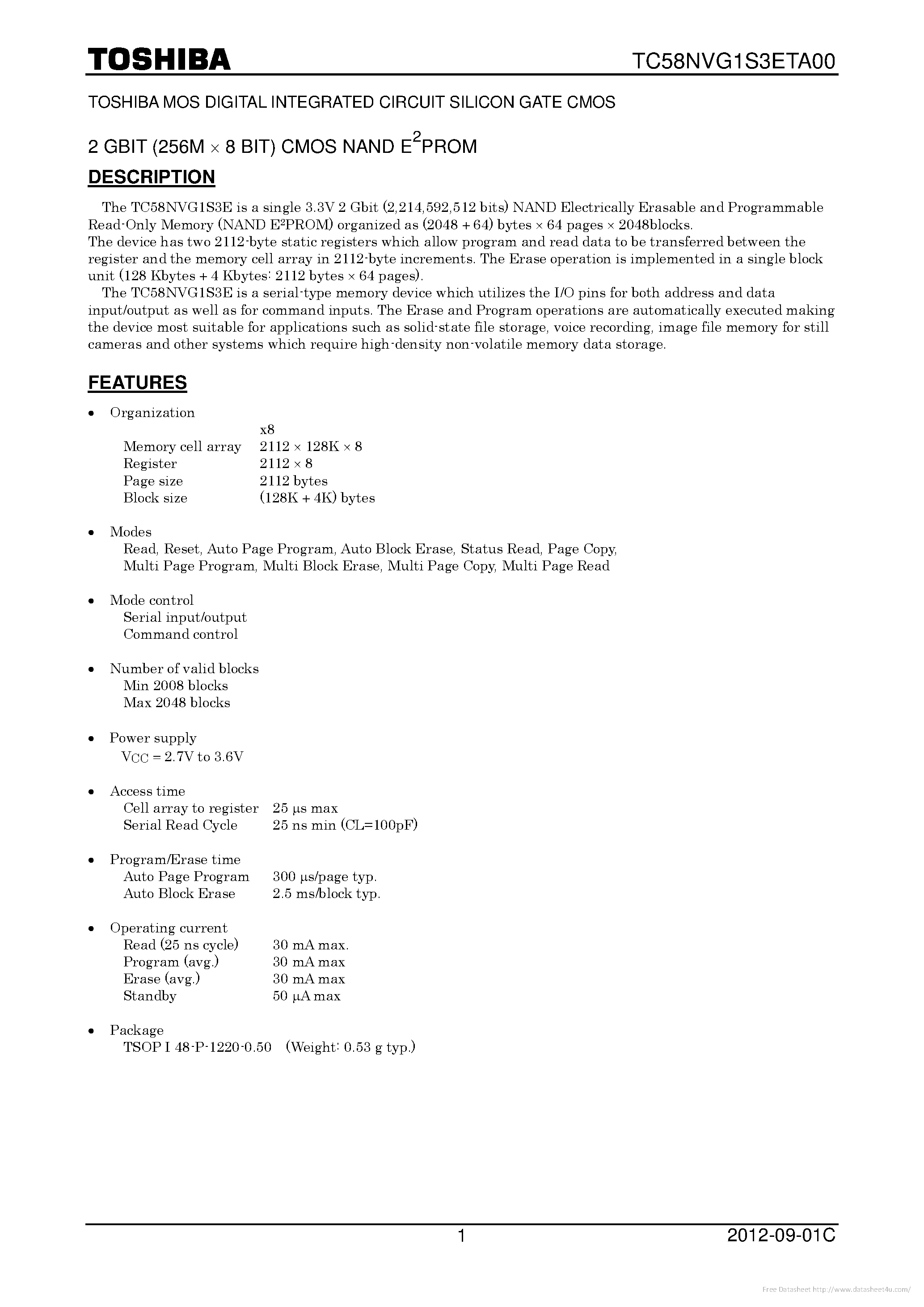 Datasheet TC58NVG1S3ETA00 page 1 Datasheet TC58NVG1S3ETA00 - page 1