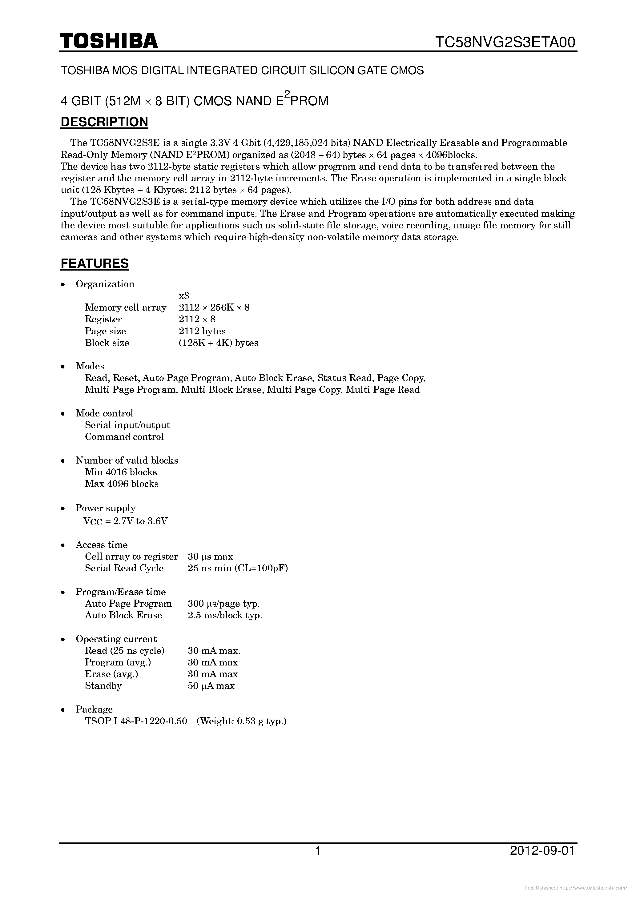 Datasheet TC58NVG2S3ETA00 page 1 Datasheet TC58NVG2S3ETA00 - page 1