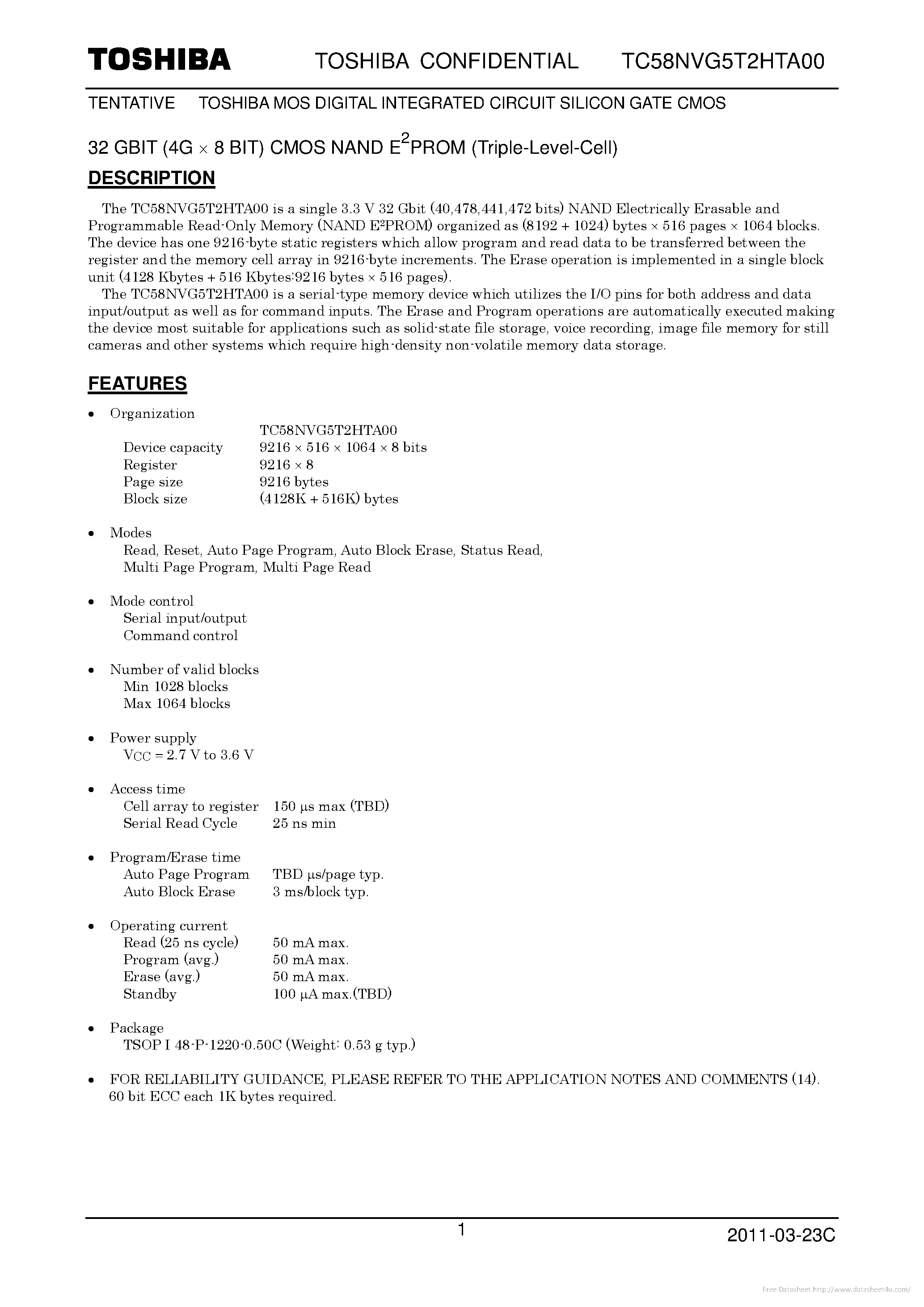 Datasheet TC58NVG5T2HTA00 page 1 Datasheet TC58NVG5T2HTA00 - page 1