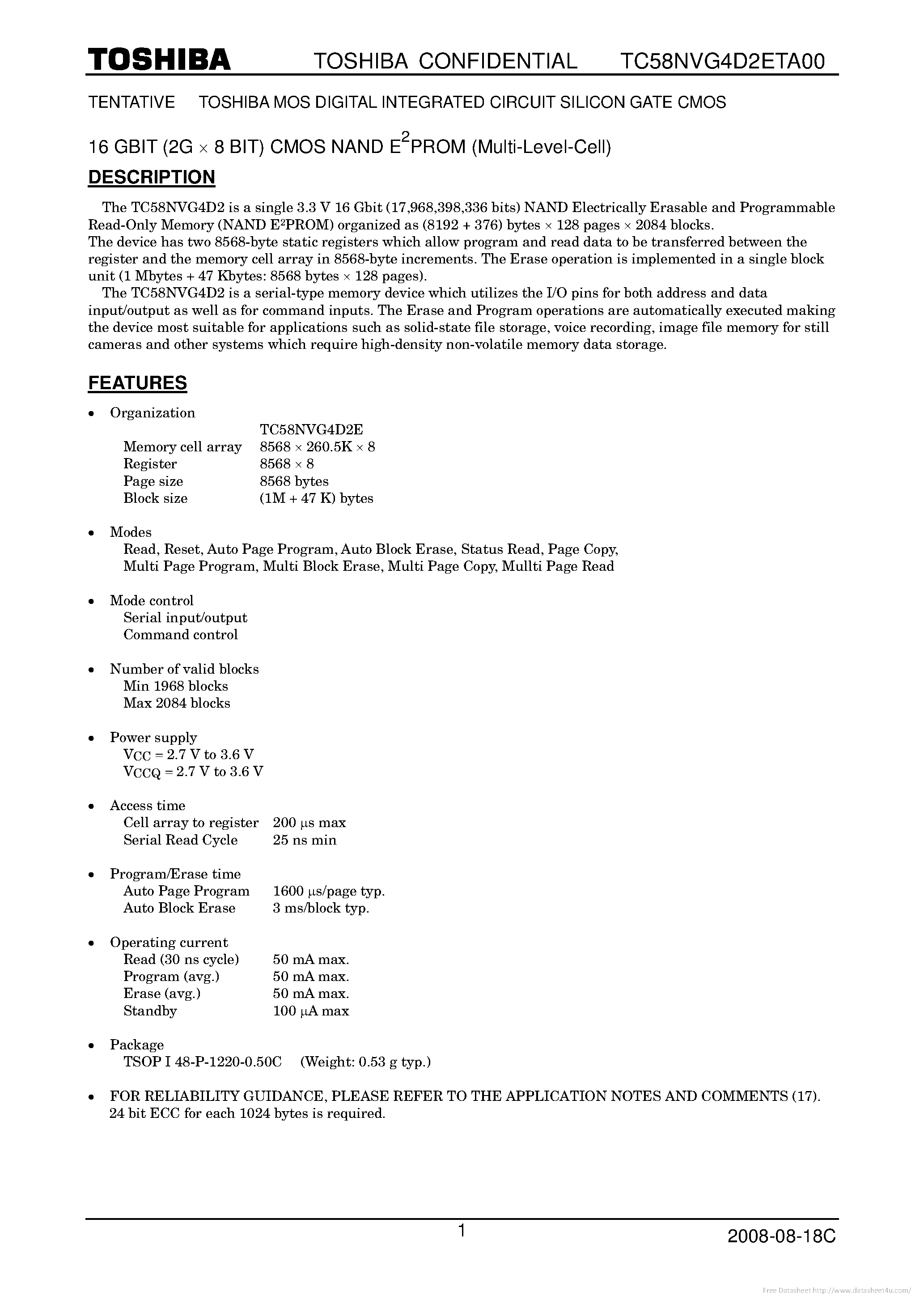 Datasheet TC58NVG4D2ETA00 page 1 Datasheet TC58NVG4D2ETA00 - page 1