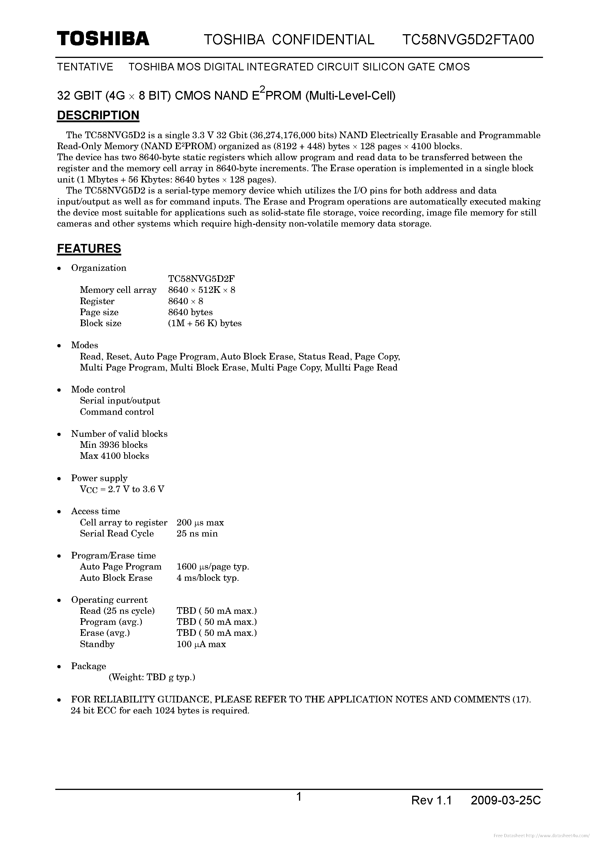 Datasheet TC58NVG5D2FTA00 page 1 Datasheet TC58NVG5D2FTA00 - page 1