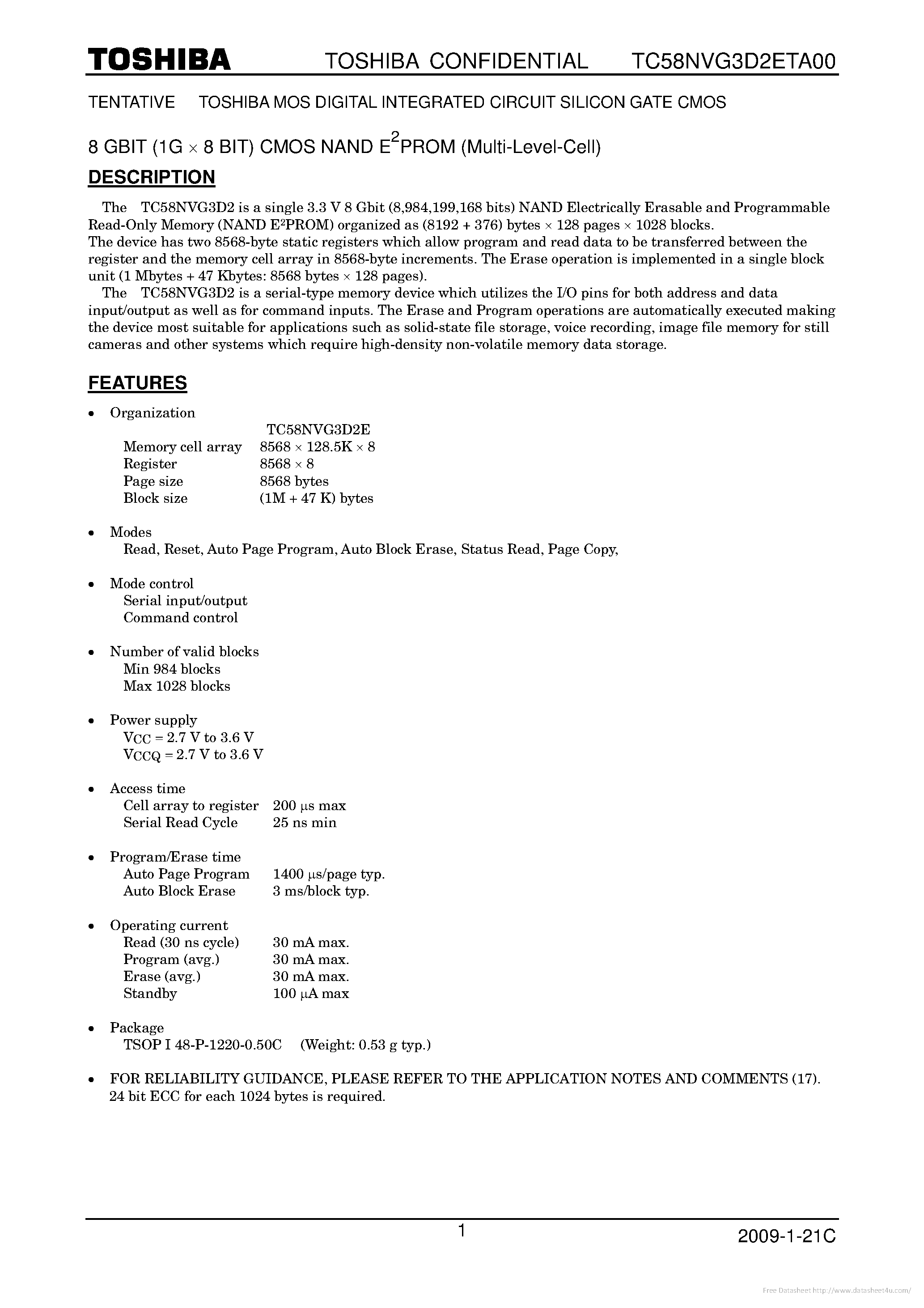Datasheet TC58NVG3D2ETA00 page 1 Datasheet TC58NVG3D2ETA00 - page 1