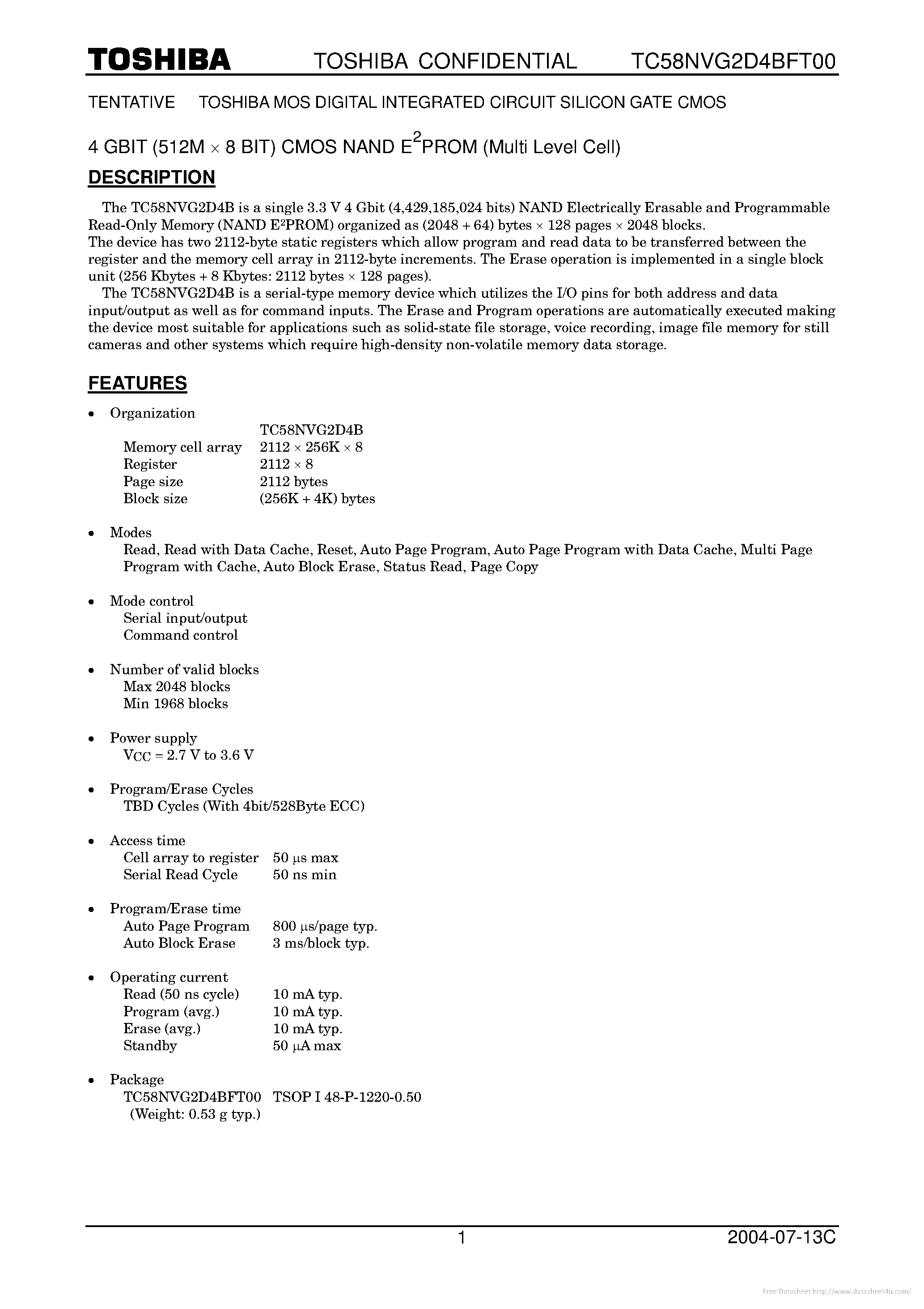 Datasheet TC58NVG2D4BFT00 page 1 Datasheet TC58NVG2D4BFT00 - page 1