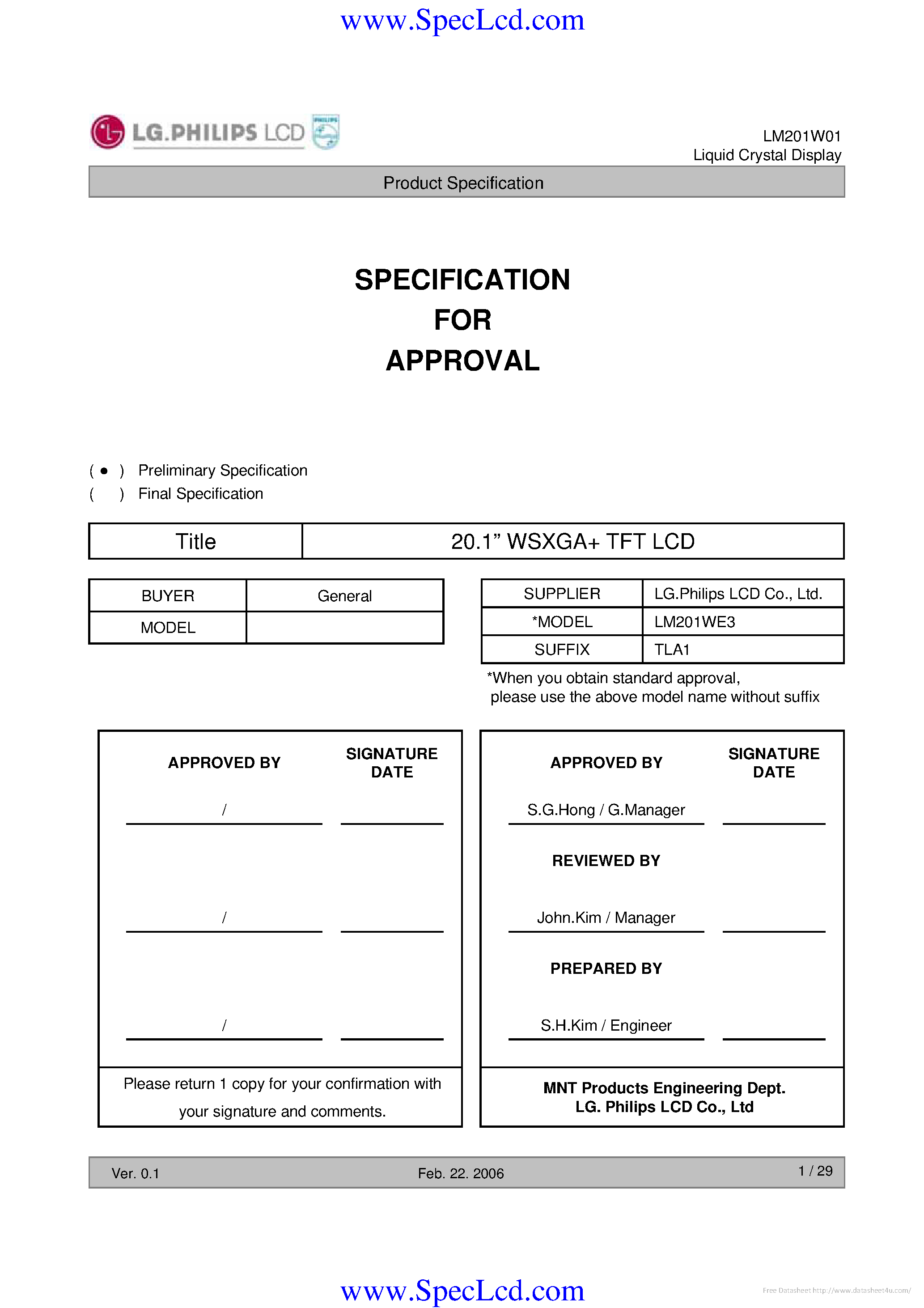 Даташит на микросхему LM201WE3-TLA1 страница 1 Даташит LM201WE3-TLA1 - страница 1