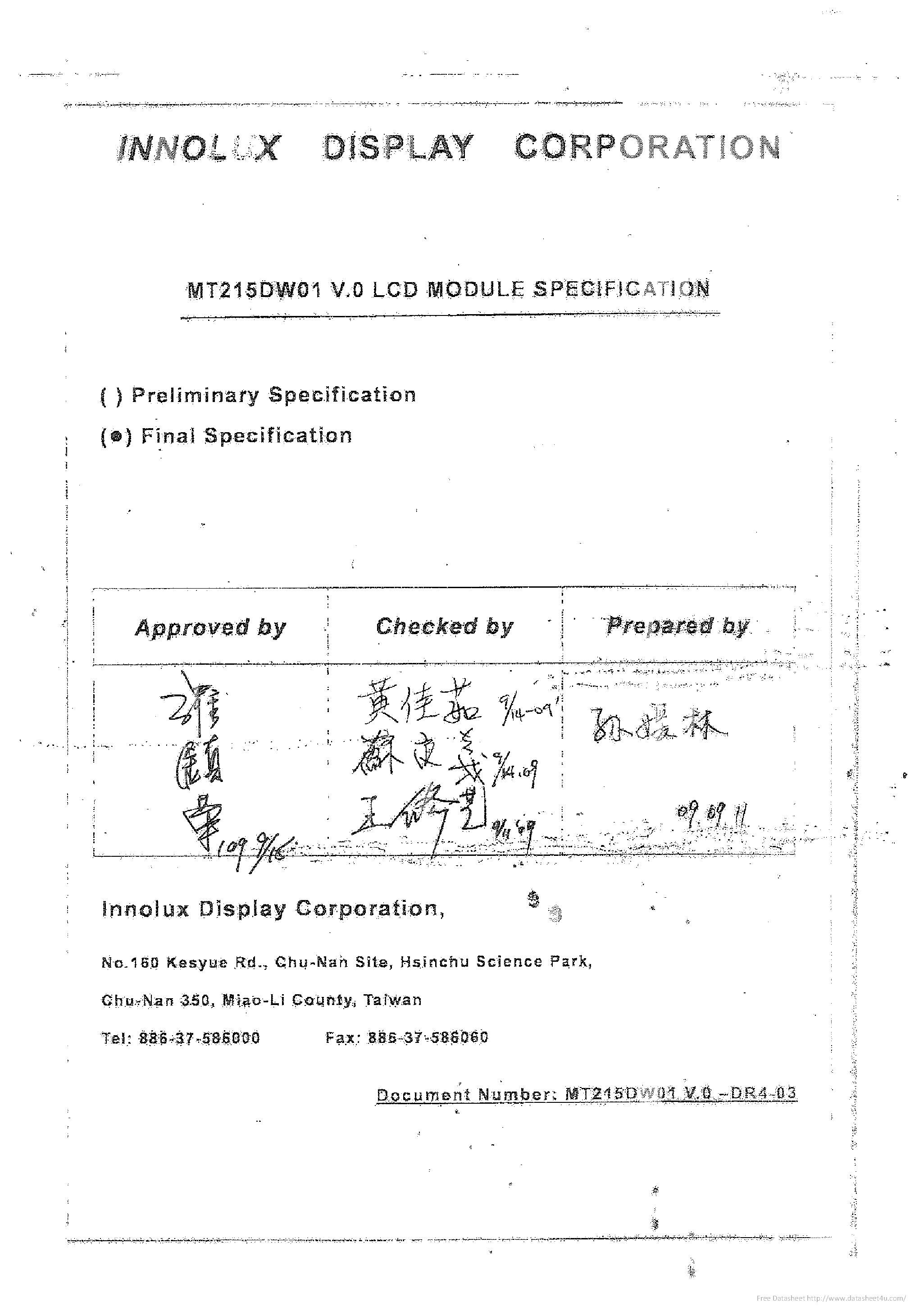 Даташит MT215DW01-V.0 - страница 1