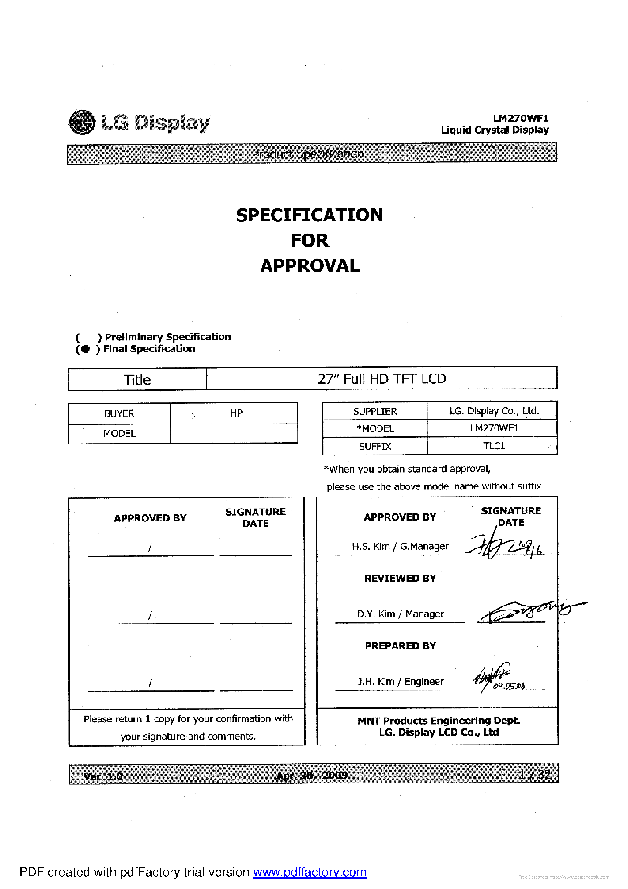 Даташит LM270WF1-TLC1 - страница 1