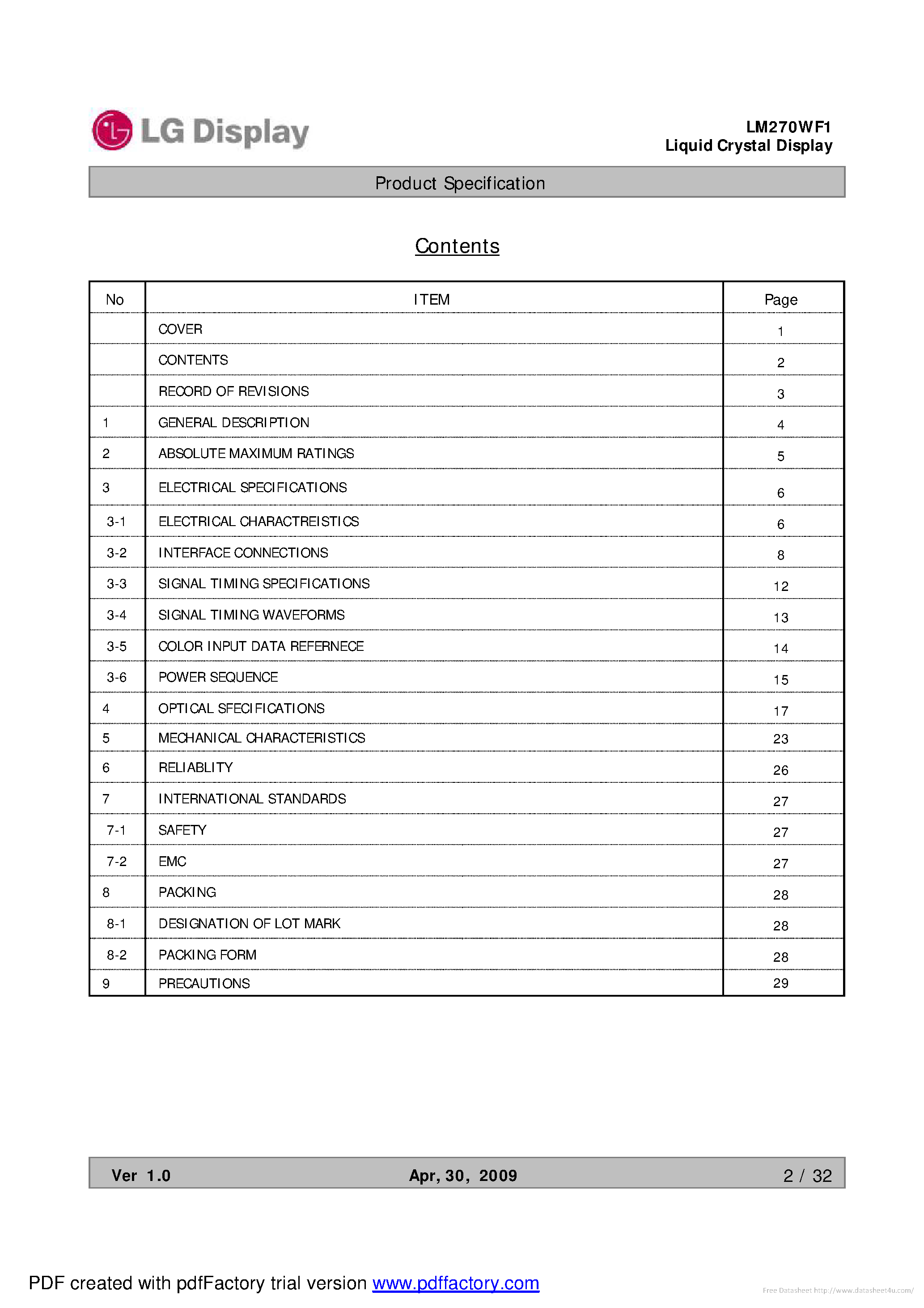 Даташит LM270WF1-TLC1 - страница 2