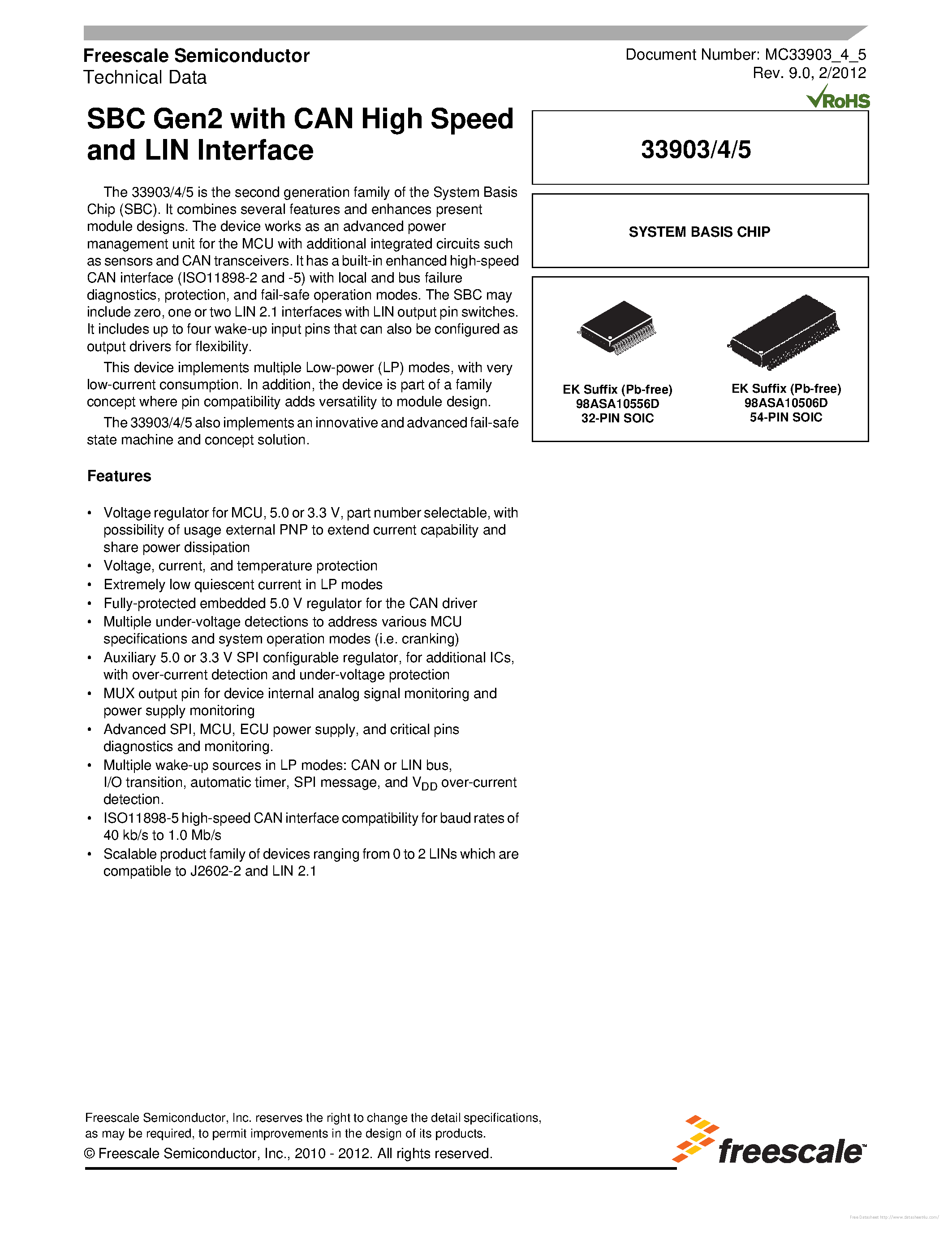Даташит на микросхему MC33903 страница 1 Даташит MC33903 - страница 1