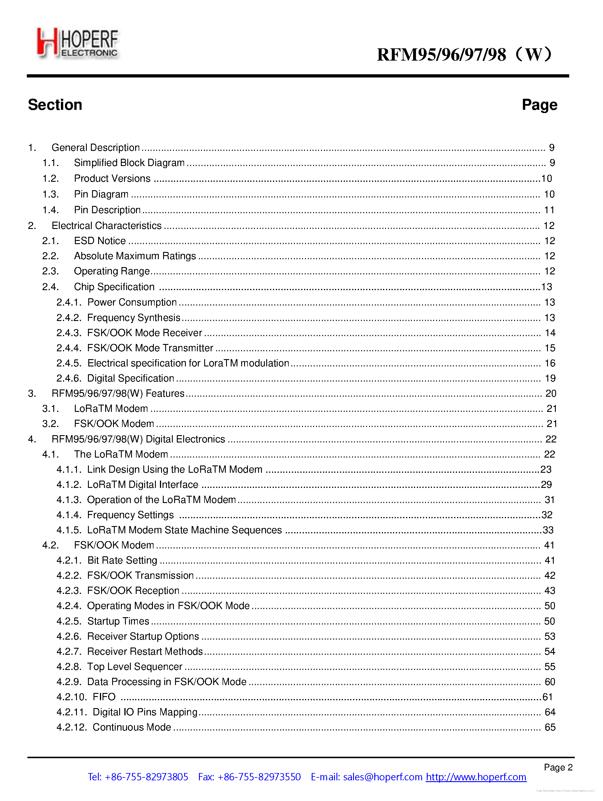Даташит на микросхему RFM95 страница 2 Даташит RFM95 - страница 2