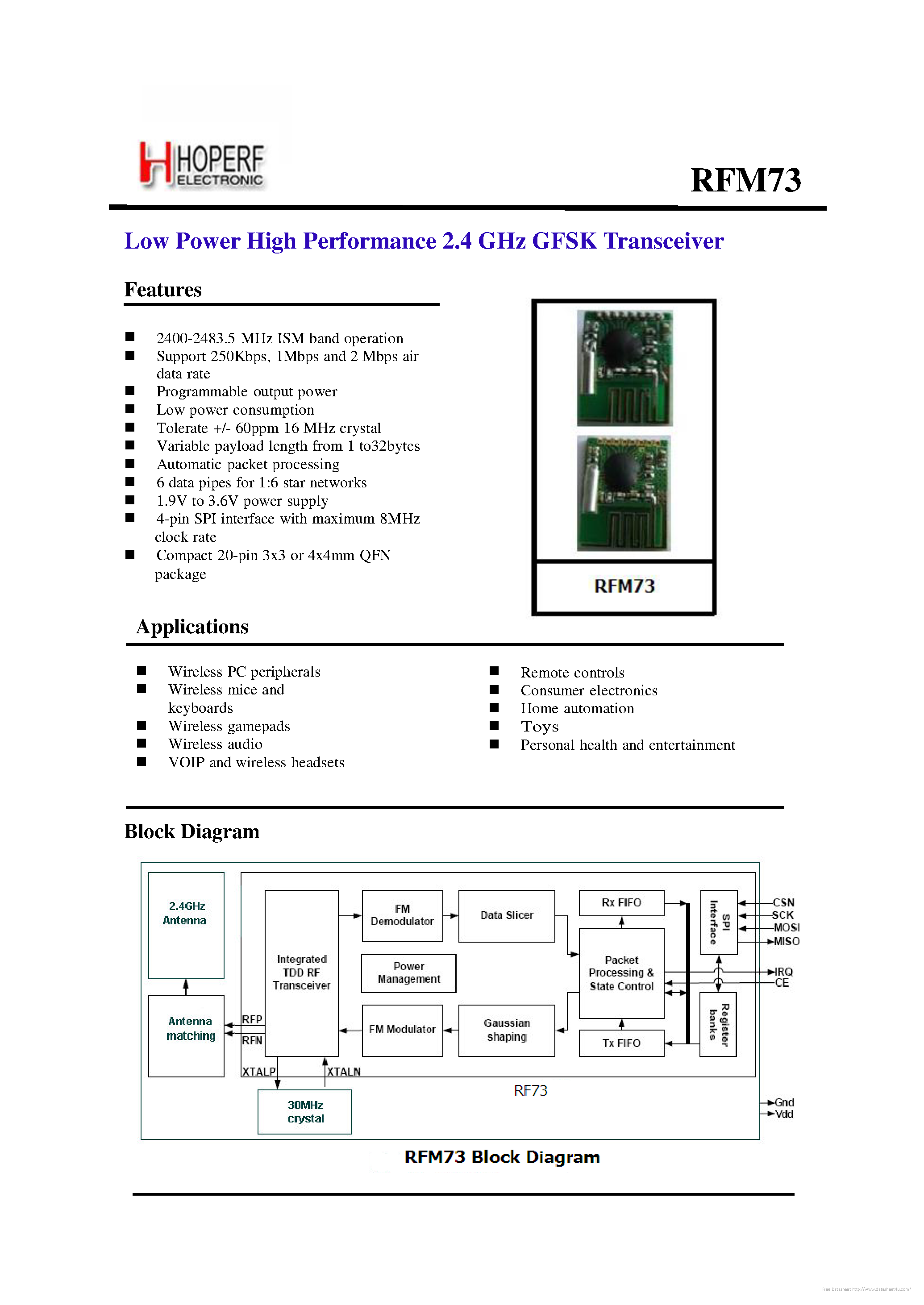 Даташит на микросхему RFM73 страница 1 Даташит RFM73 - страница 1