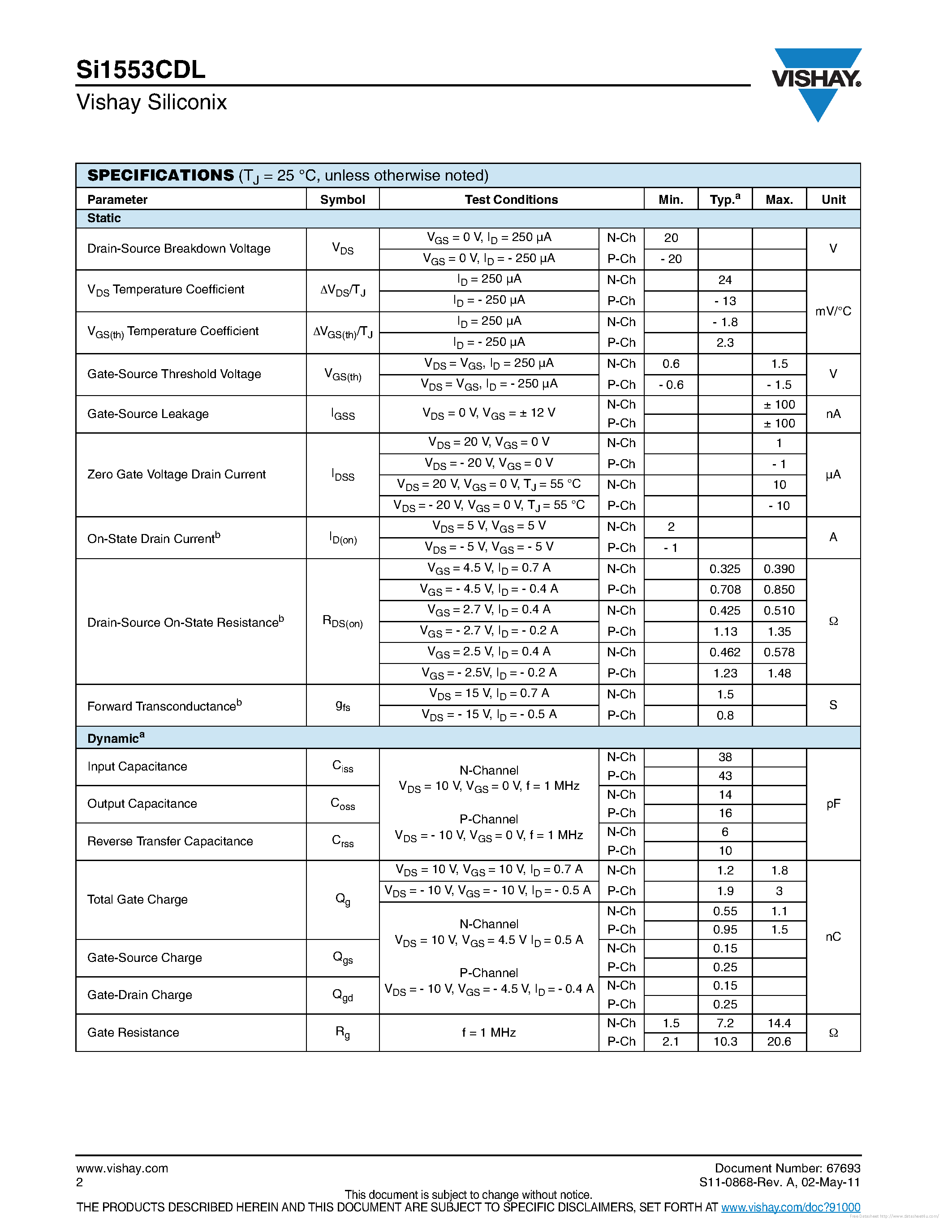 Даташит на микросхему SI1553CDL страница 2 Даташит SI1553CDL - страница 2