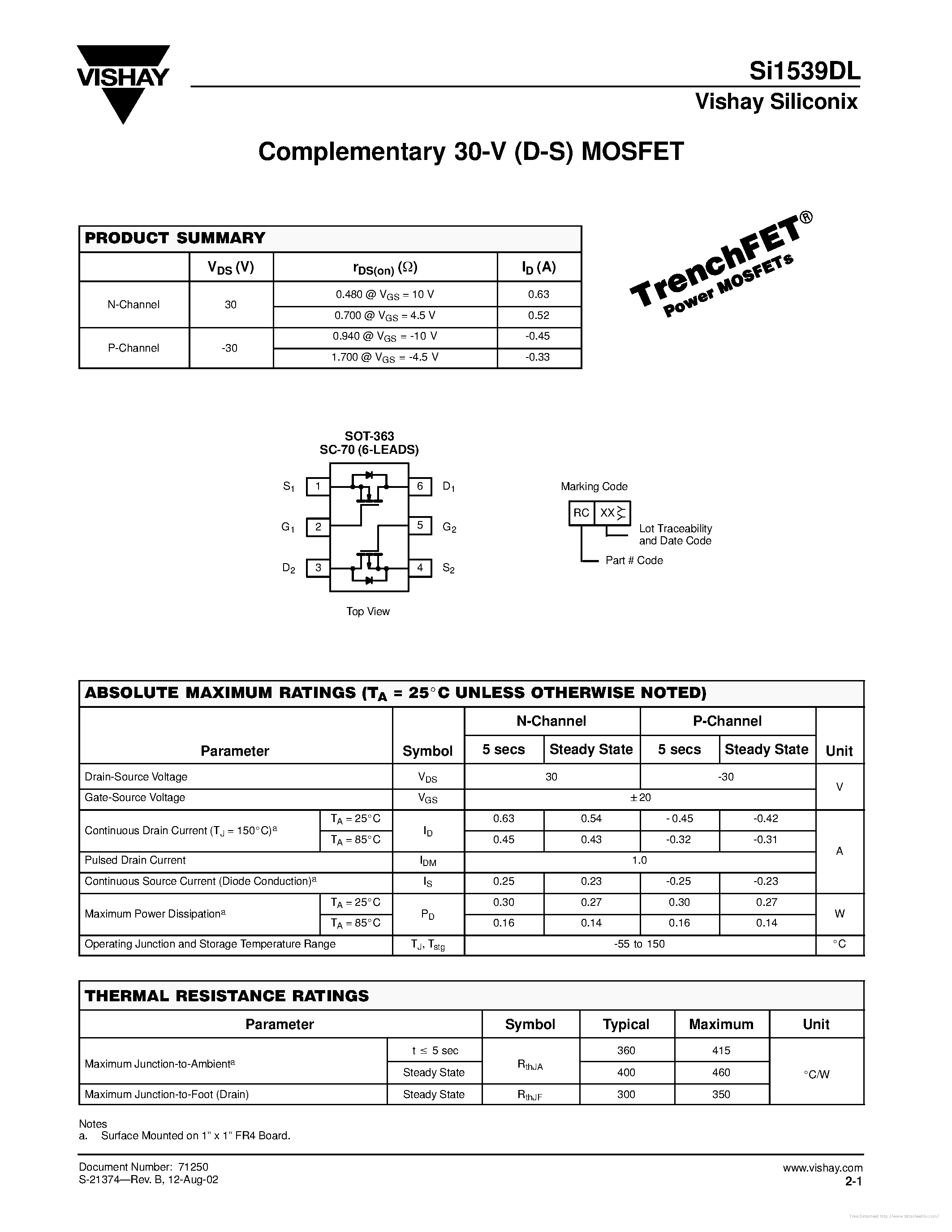 Datasheet SI1539DL page 1 Datasheet SI1539DL - page 1