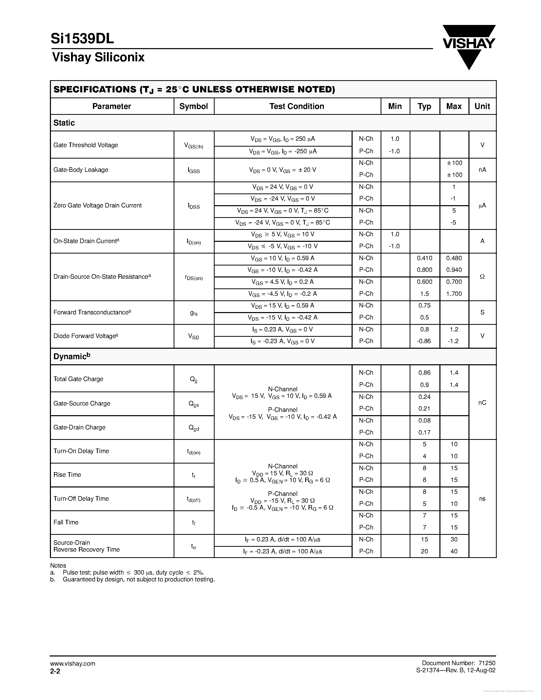 Datasheet SI1539DL page 2 Datasheet SI1539DL - page 2