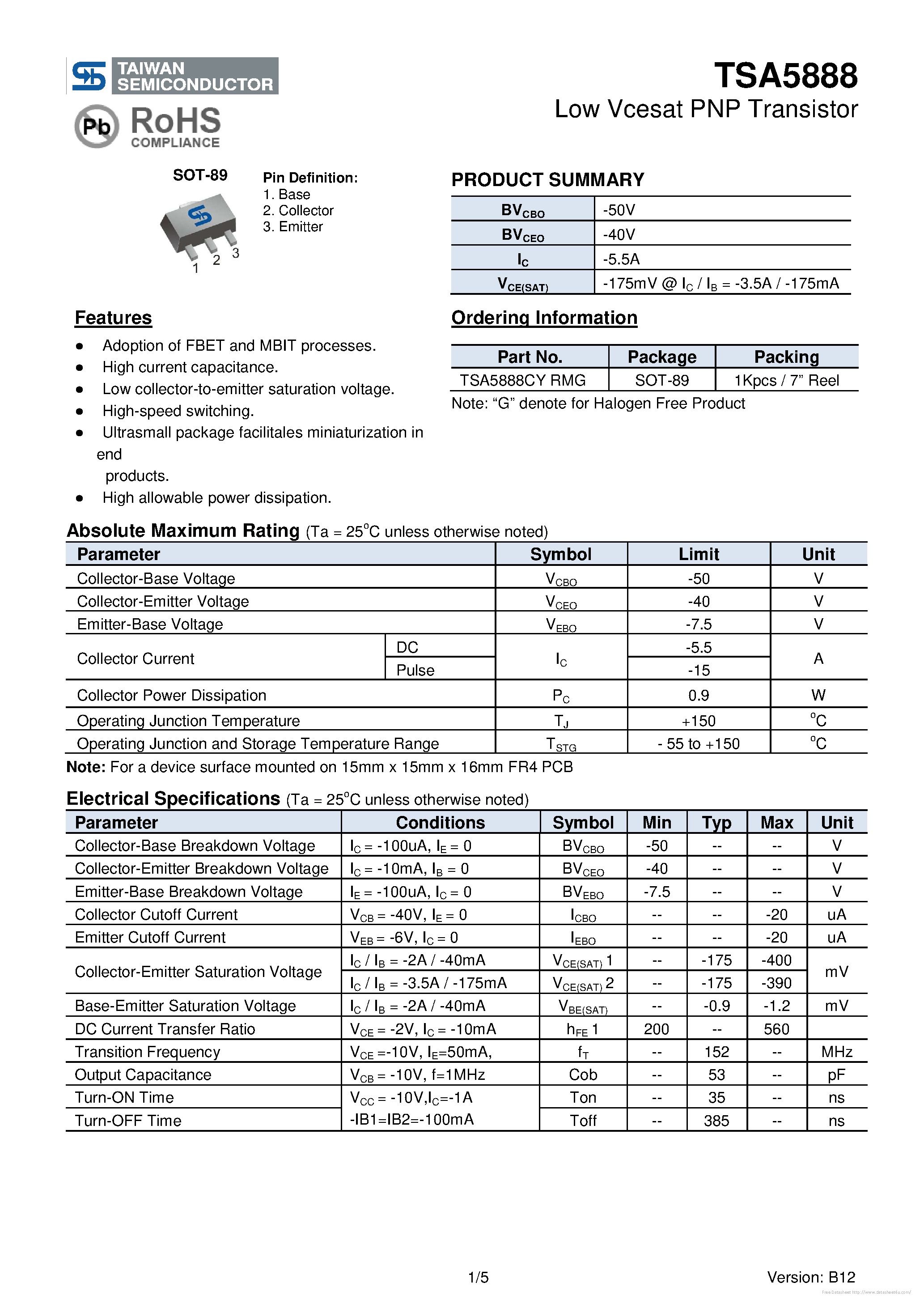 Datasheet TSA5888 page 1 Datasheet TSA5888 - page 1
