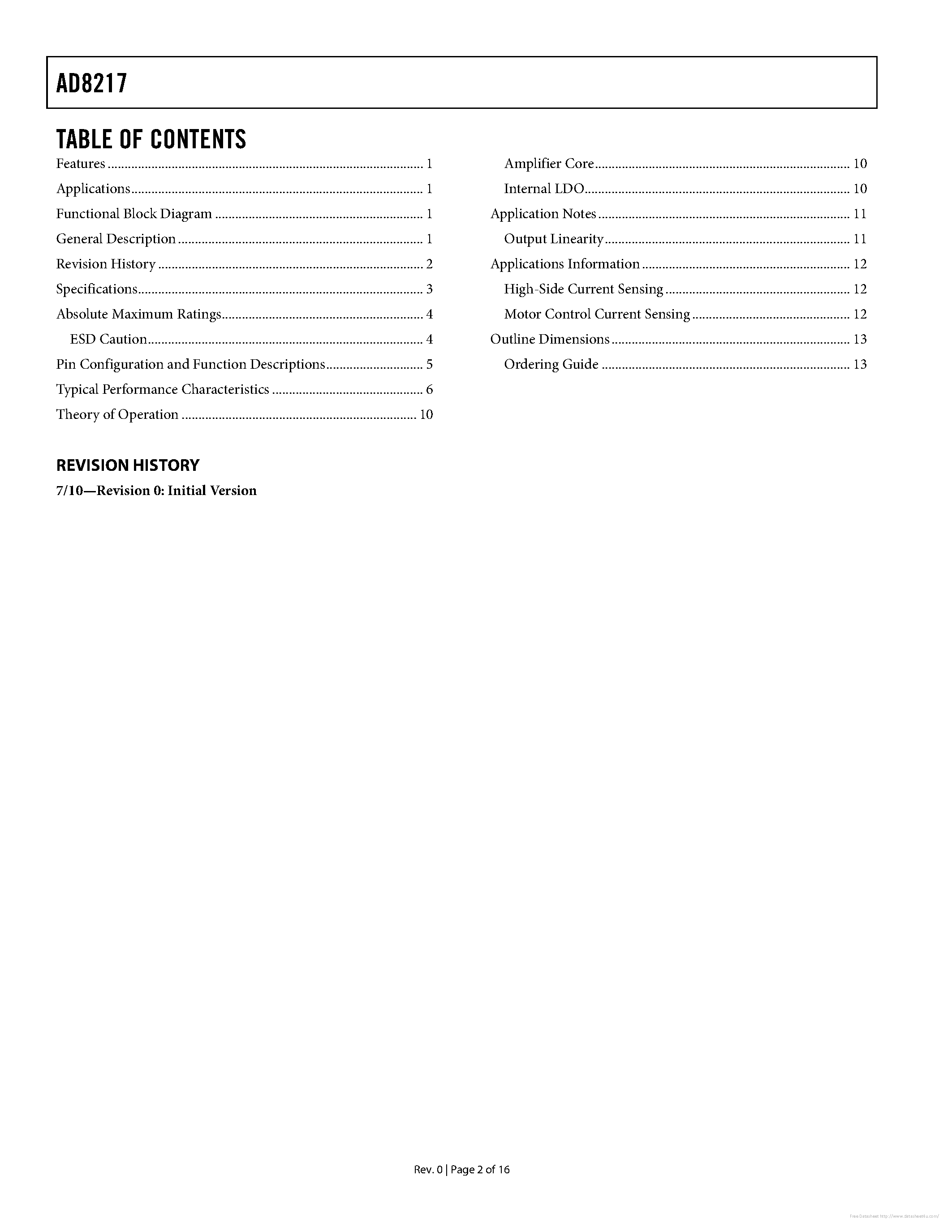 Даташит на микросхему AD8217 страница 2 Даташит AD8217 - страница 2