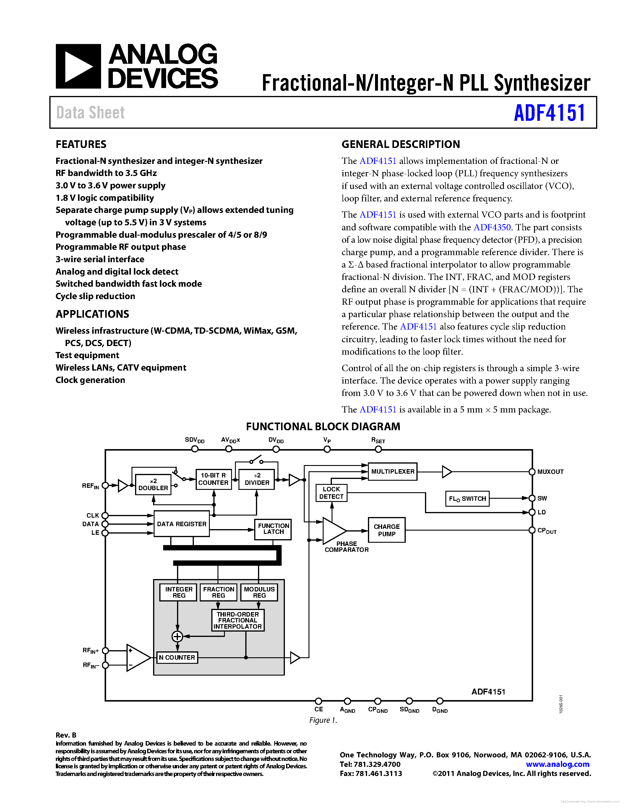Даташит на микросхему ADF4151 страница 1 Даташит ADF4151 - страница 1
