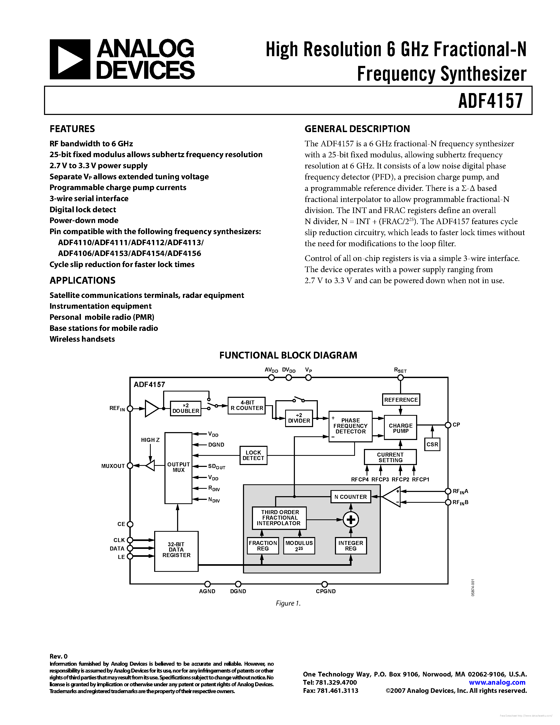 Даташит на микросхему ADF4157 страница 1 Даташит ADF4157 - страница 1