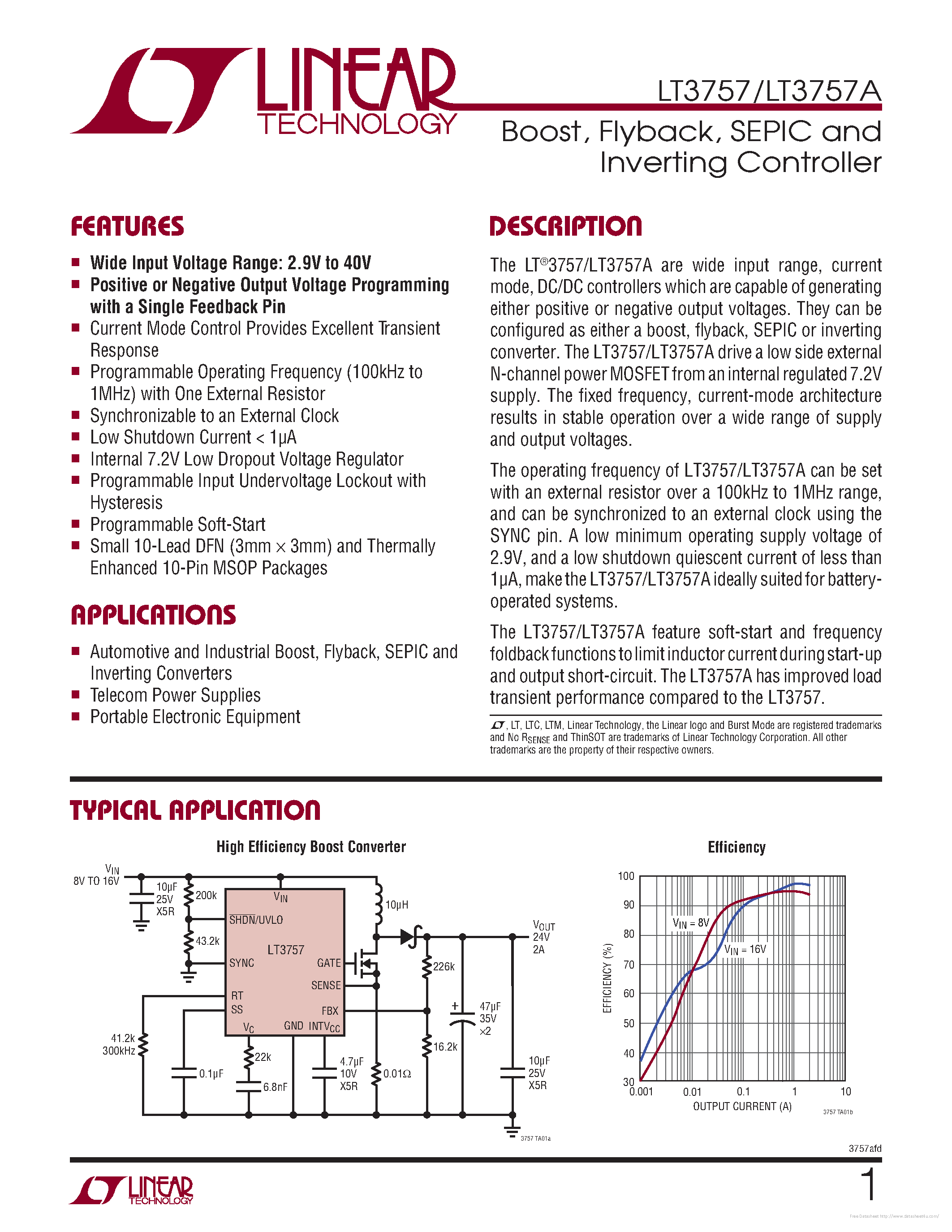 Даташит на микросхему LT3757A страница 1 Даташит LT3757A - страница 1