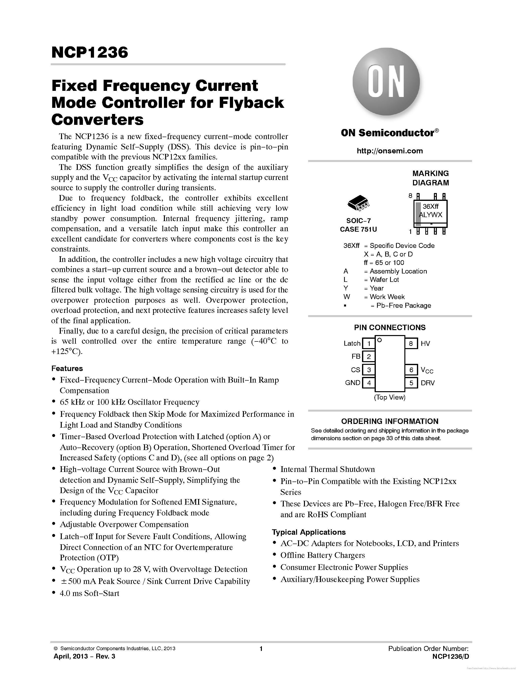 Даташит на микросхему NCP1236 страница 1 Даташит NCP1236 - страница 1