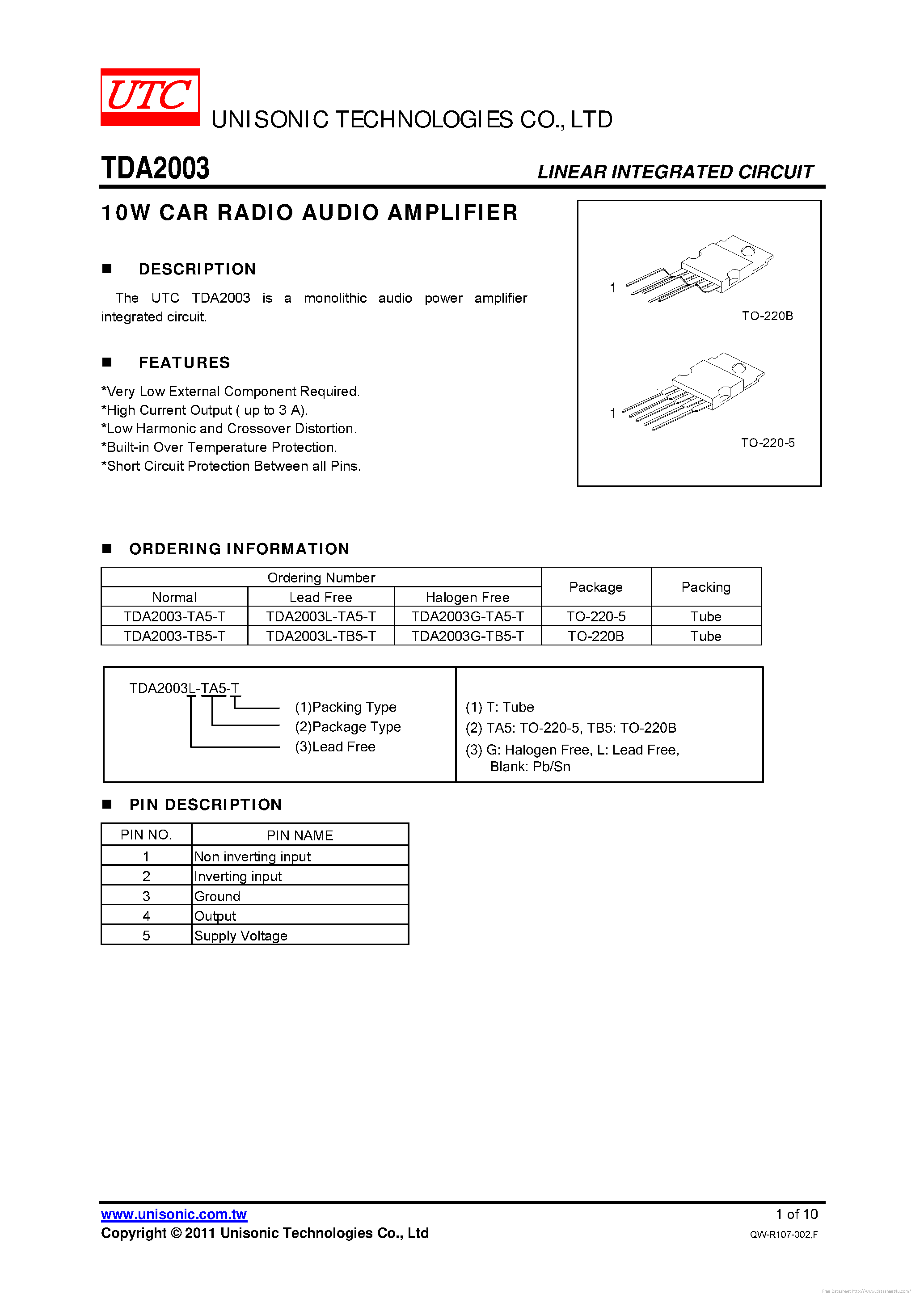 Даташит на микросхему TDA2003 страница 1 Даташит TDA2003 - страница 1