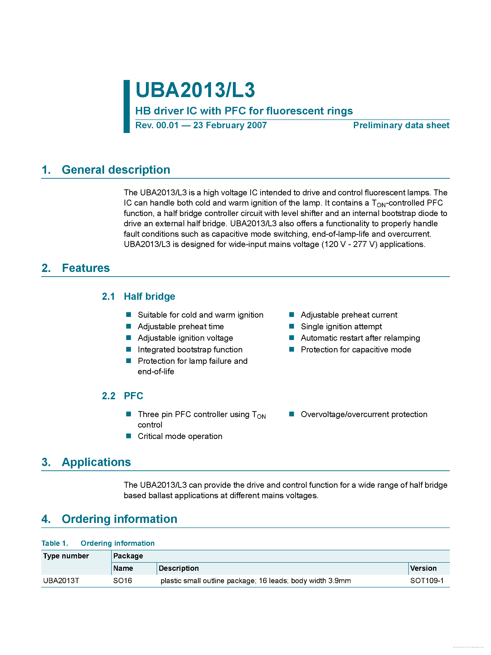 Даташит на микросхему UBA2013 страница 1 Даташит UBA2013 - страница 1