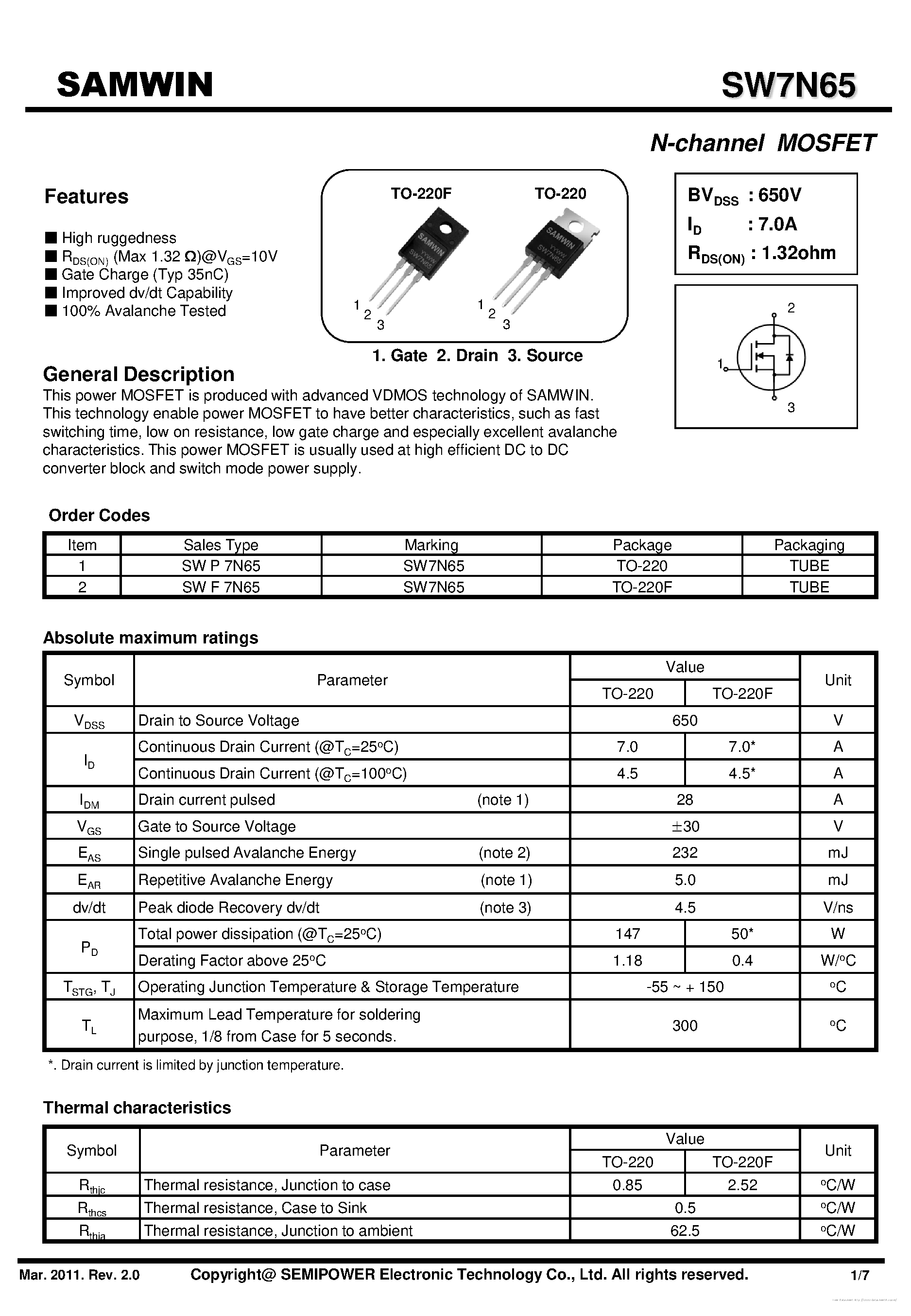 Datasheet SW7N65 - page 1