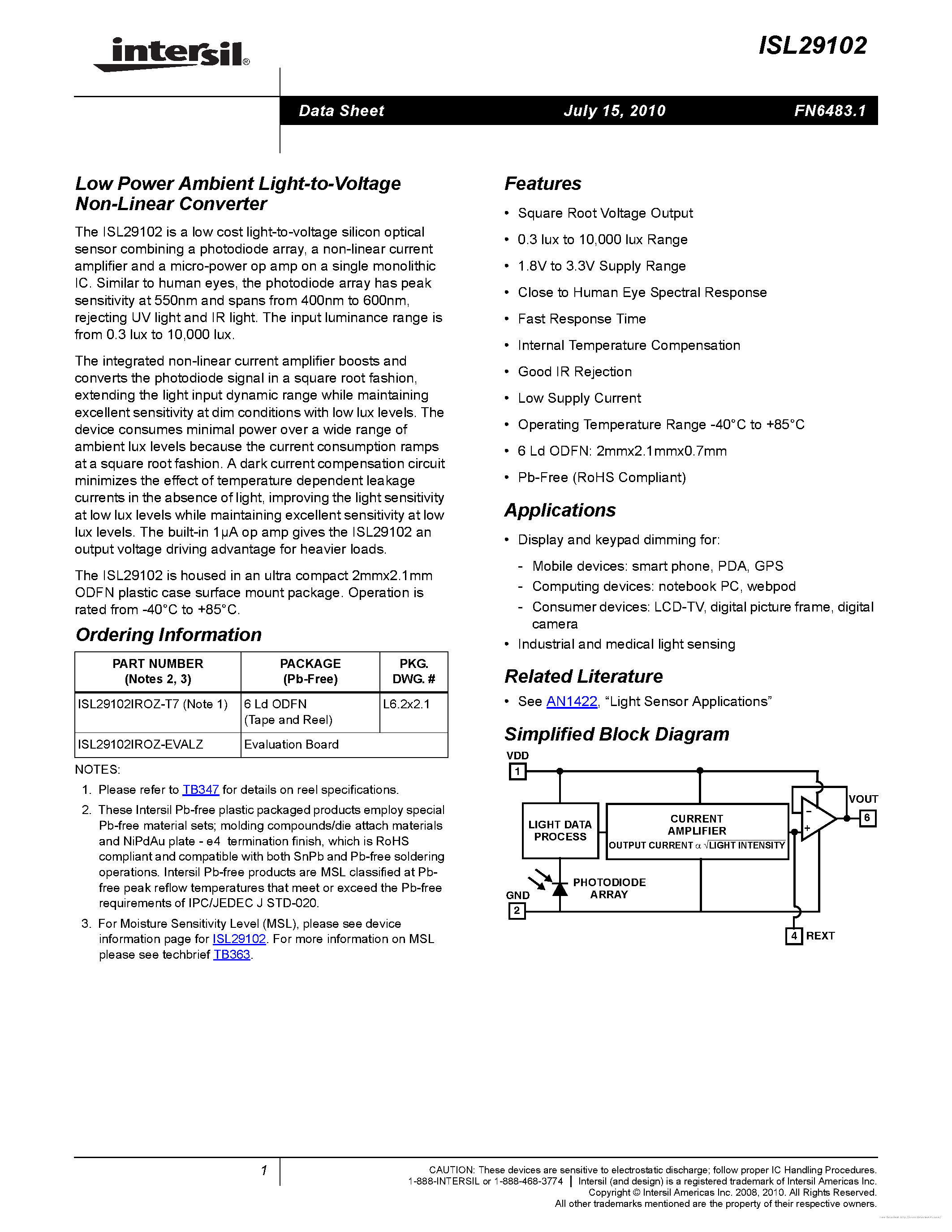 Datasheet ISL29102 page 1 Datasheet ISL29102 - page 1