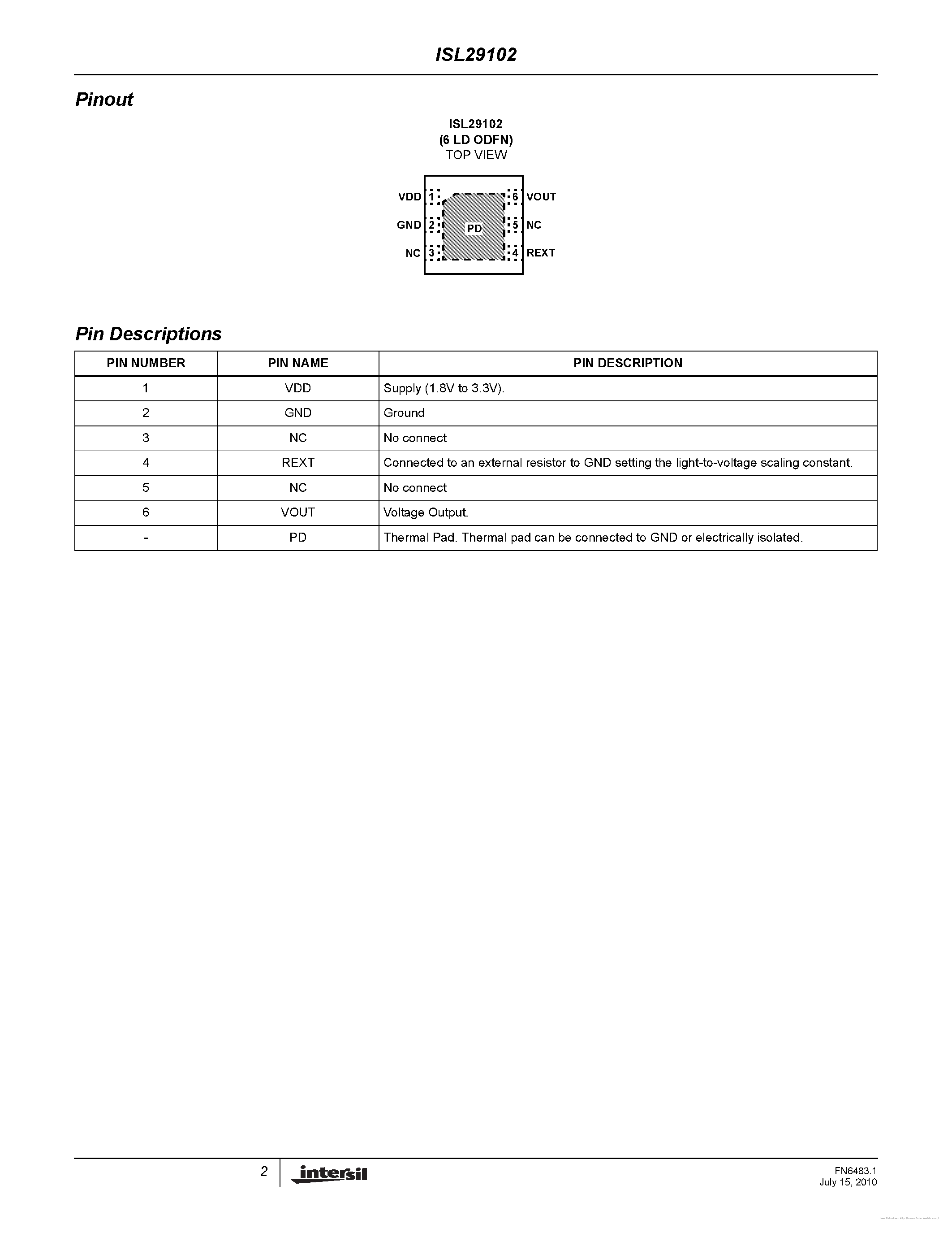 Datasheet ISL29102 page 2 Datasheet ISL29102 - page 2