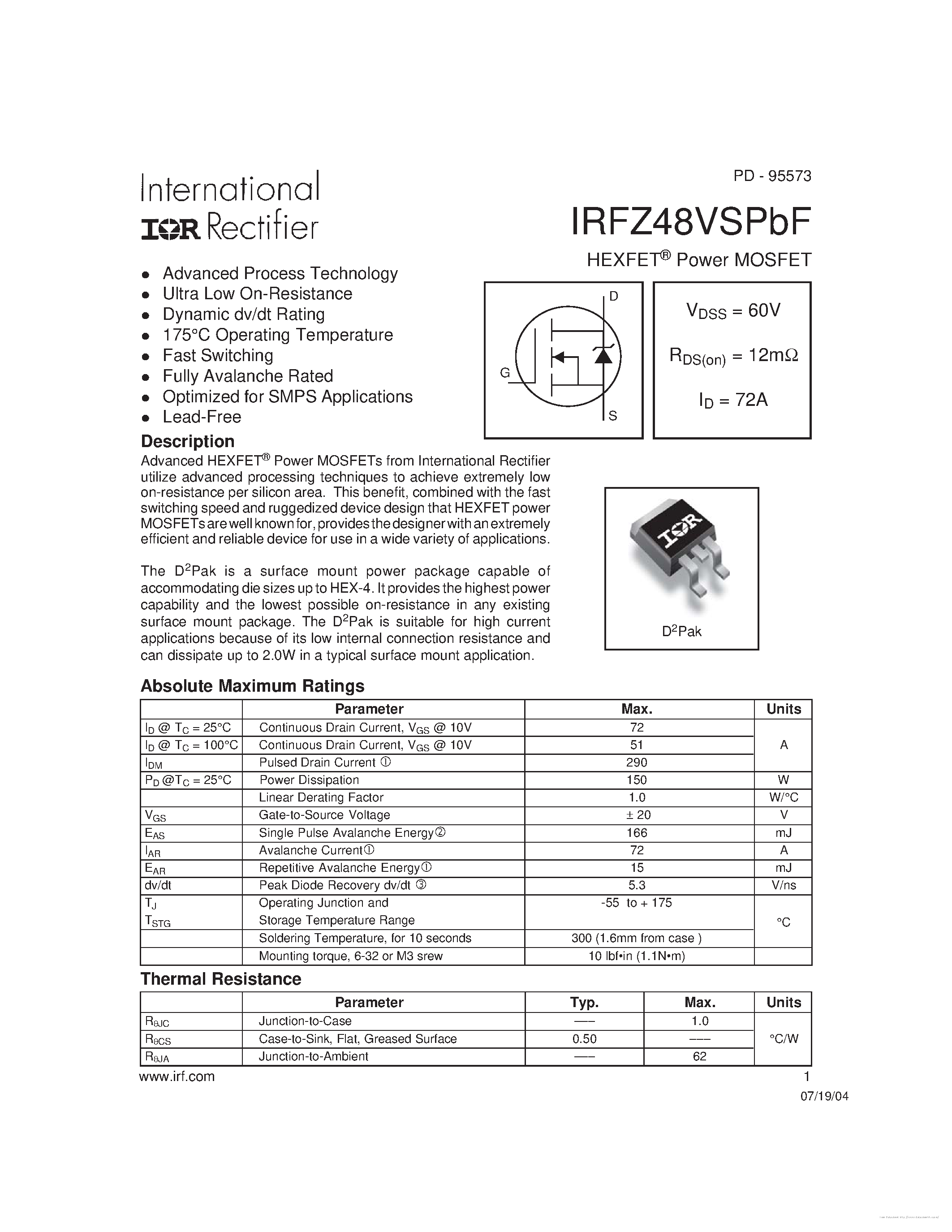Даташит на микросхему IRFZ48VSPBF страница 1 Даташит IRFZ48VSPBF - страница 1