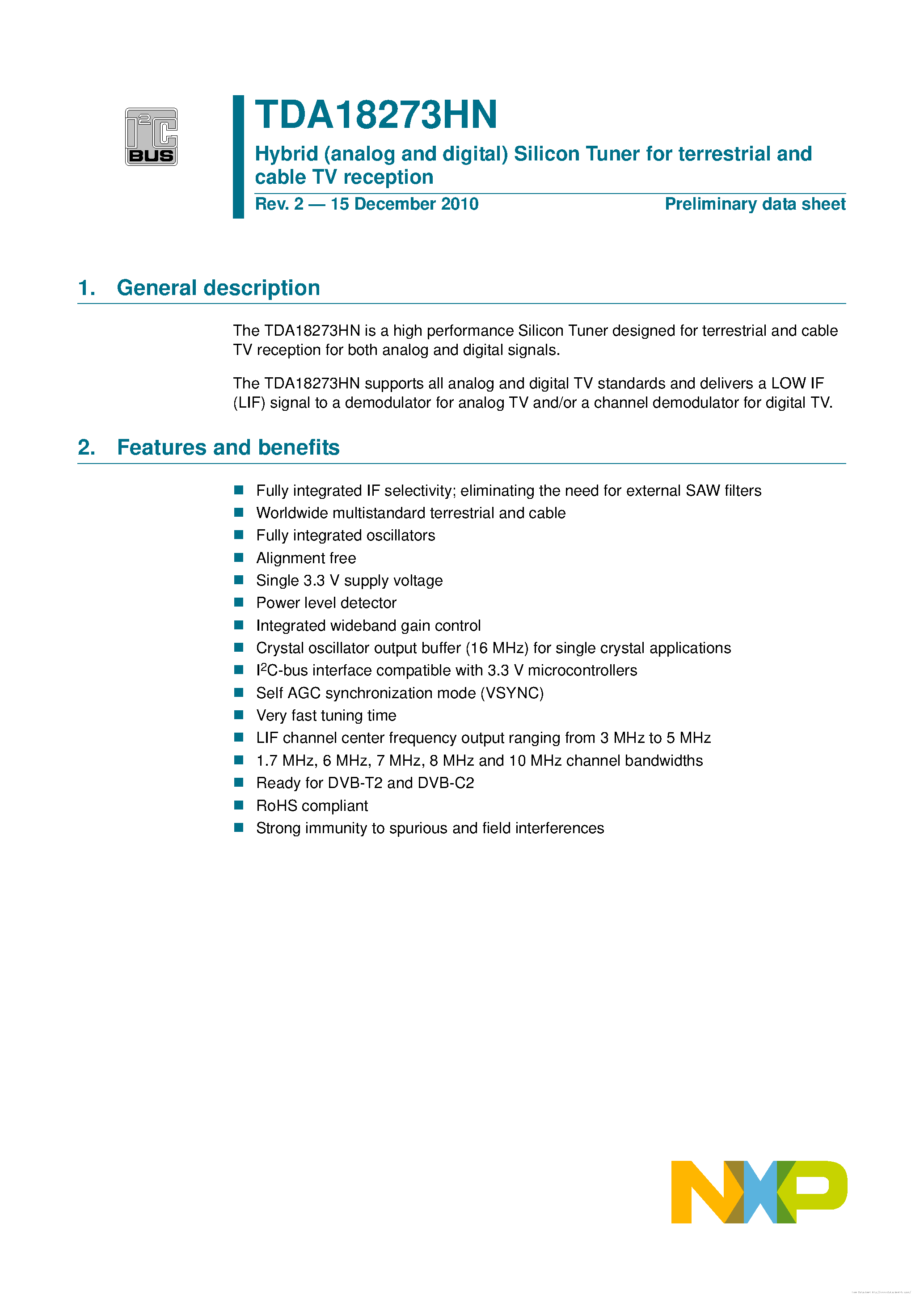 Datasheet TDA18273HN page 1 Datasheet TDA18273HN - page 1