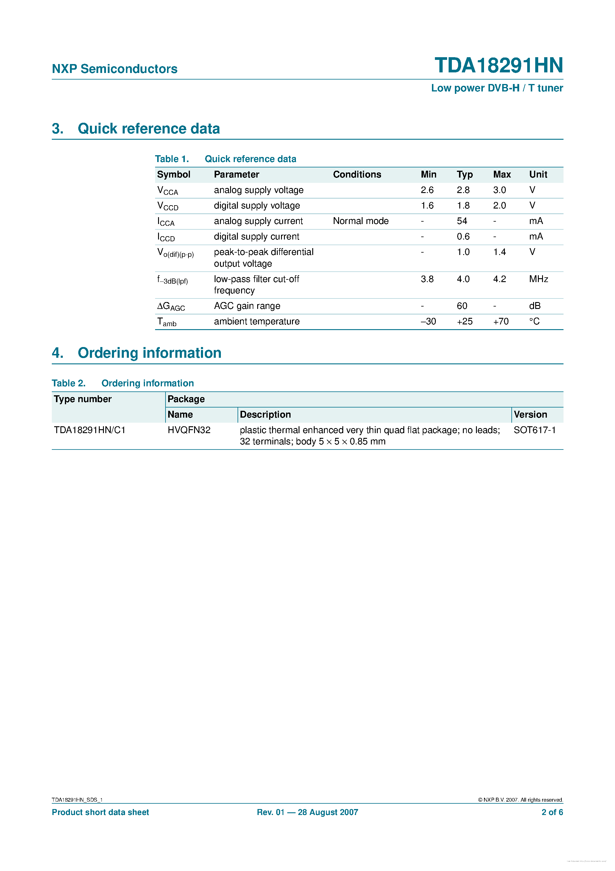 Datasheet TDA18291HN - page 2