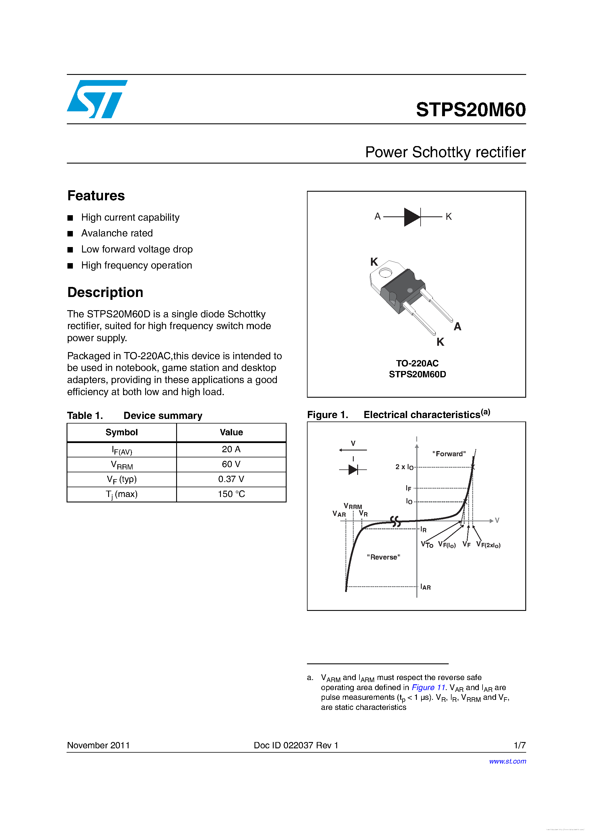 Datasheet STPS20M60 - page 1