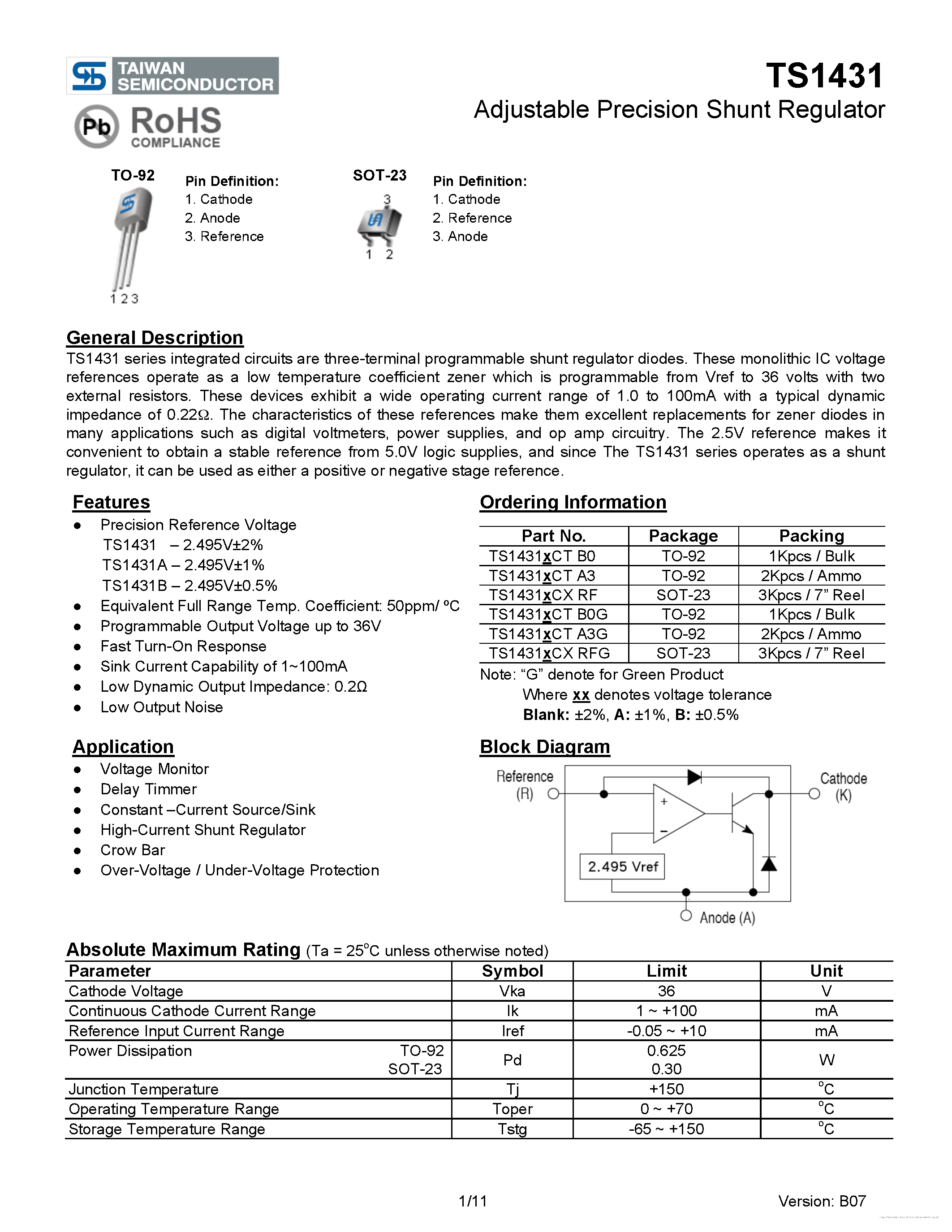 Даташит на микросхему TS1431 страница 1 Даташит TS1431 - страница 1