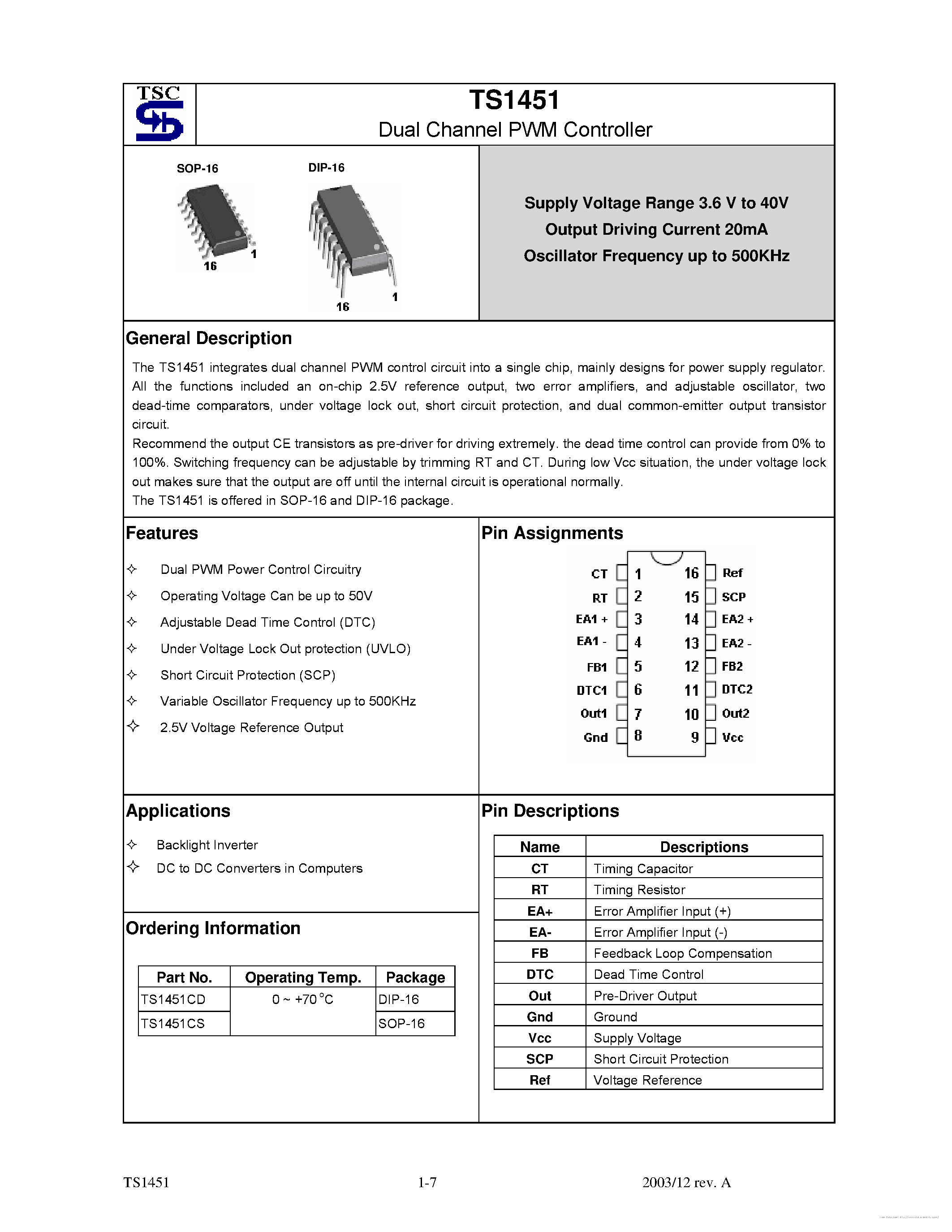 Datasheet TS1451 - page 1
