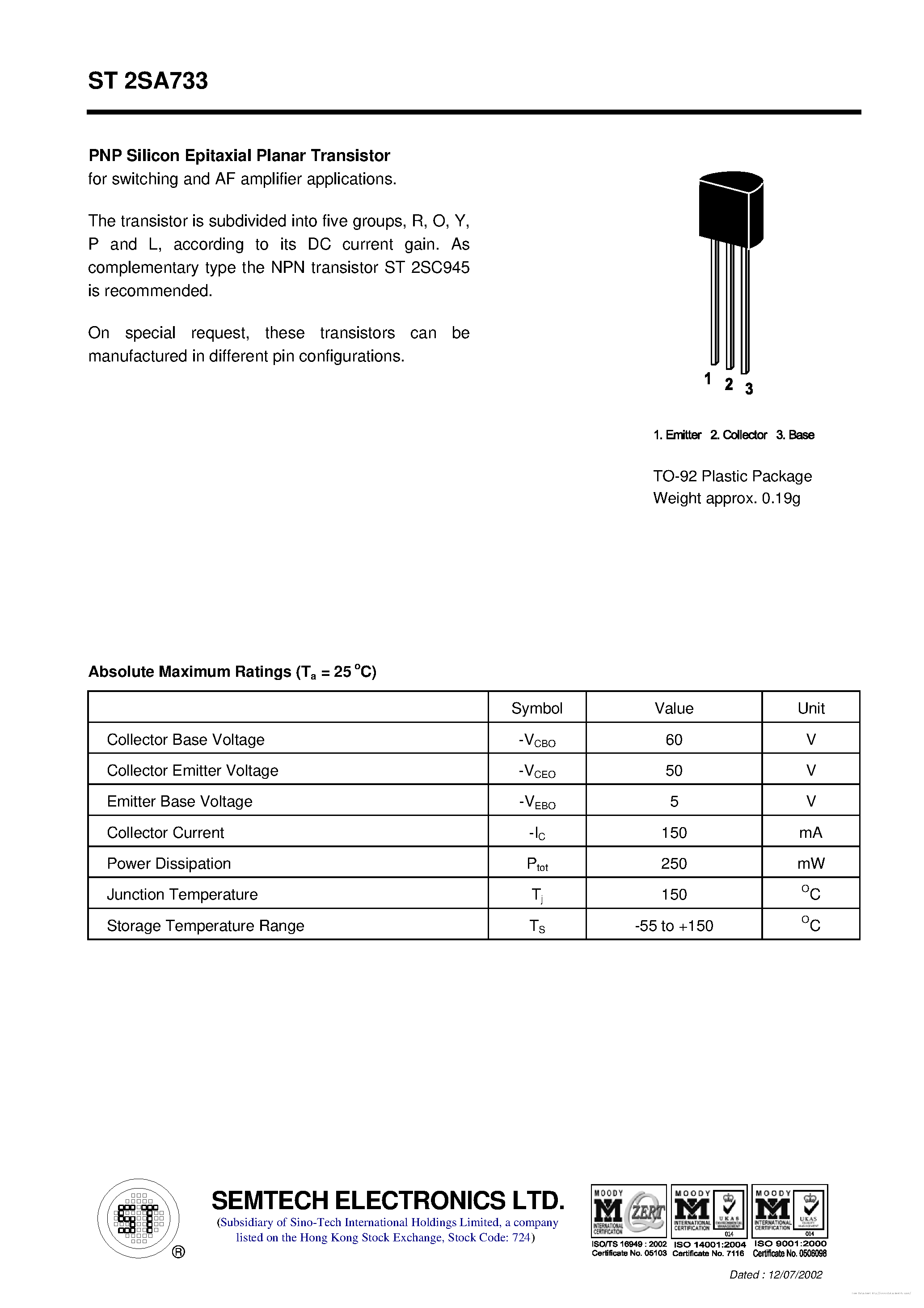 Datasheet ST2SA733 page 1 Datasheet ST2SA733 - page 1